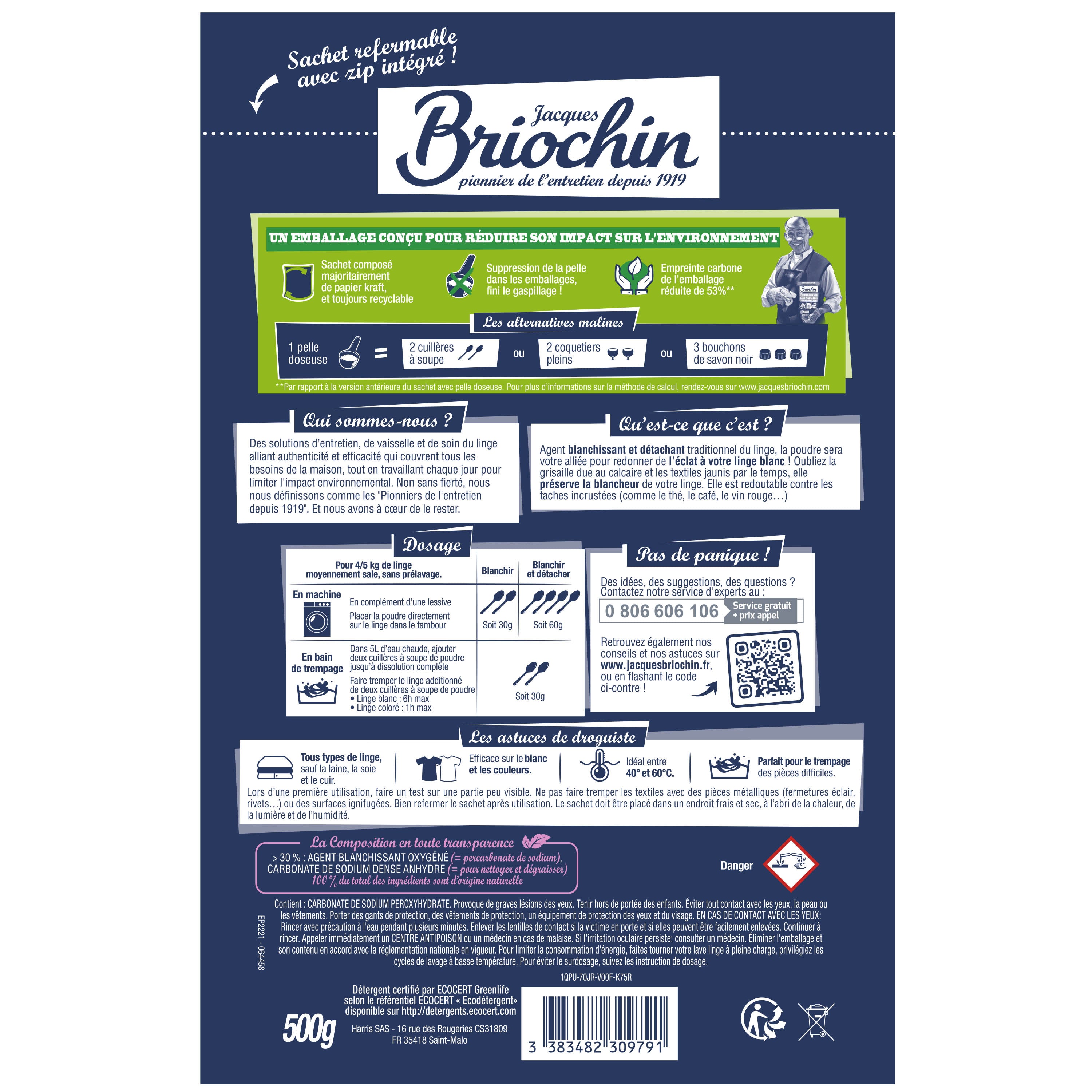 JACQUES BRIOCHIN - Le percarbonate de soude 500g Sans parfum
