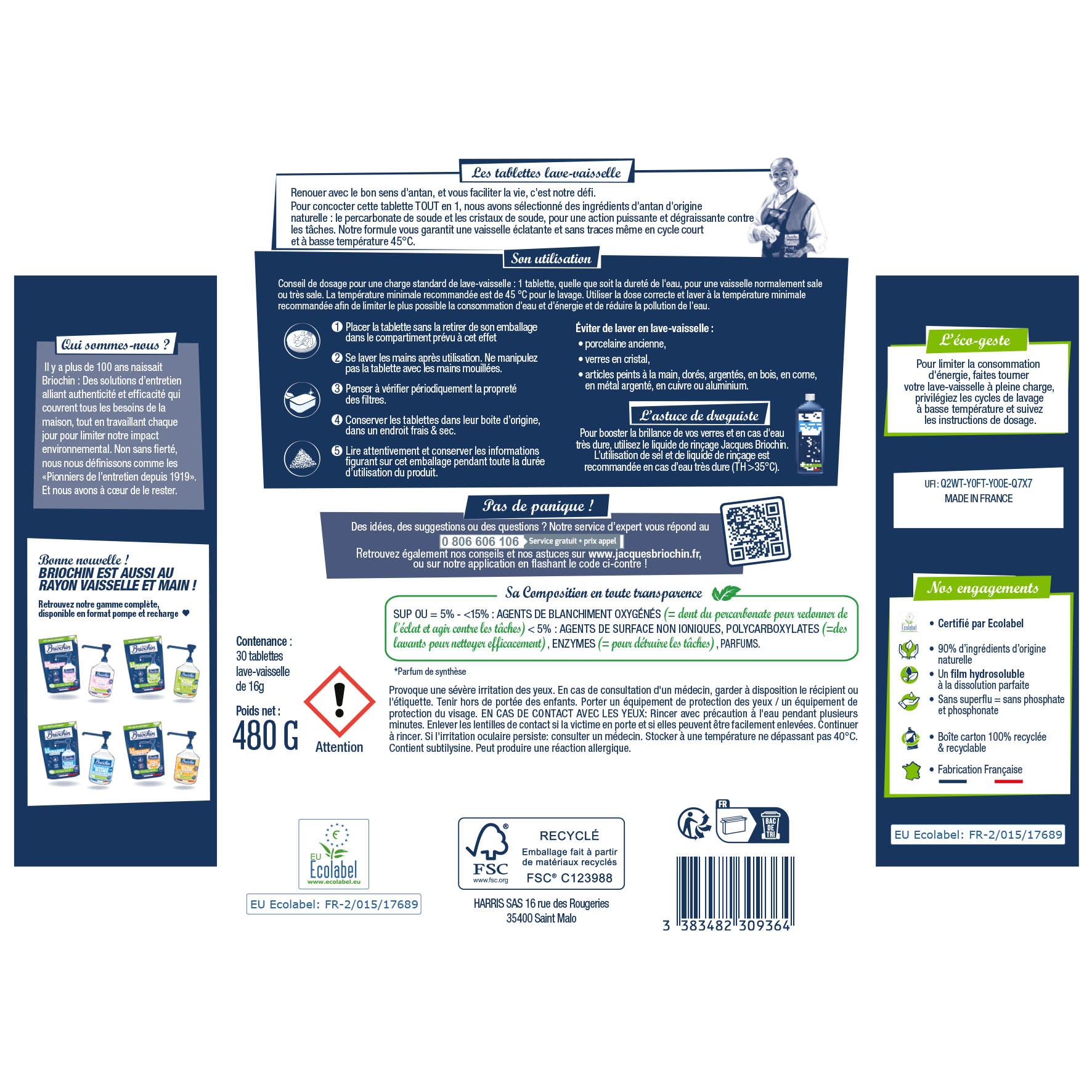 JACQUES BRIOCHIN - Les tablettes lave-vaisselle parfum menthe 30 tablettes Menthe