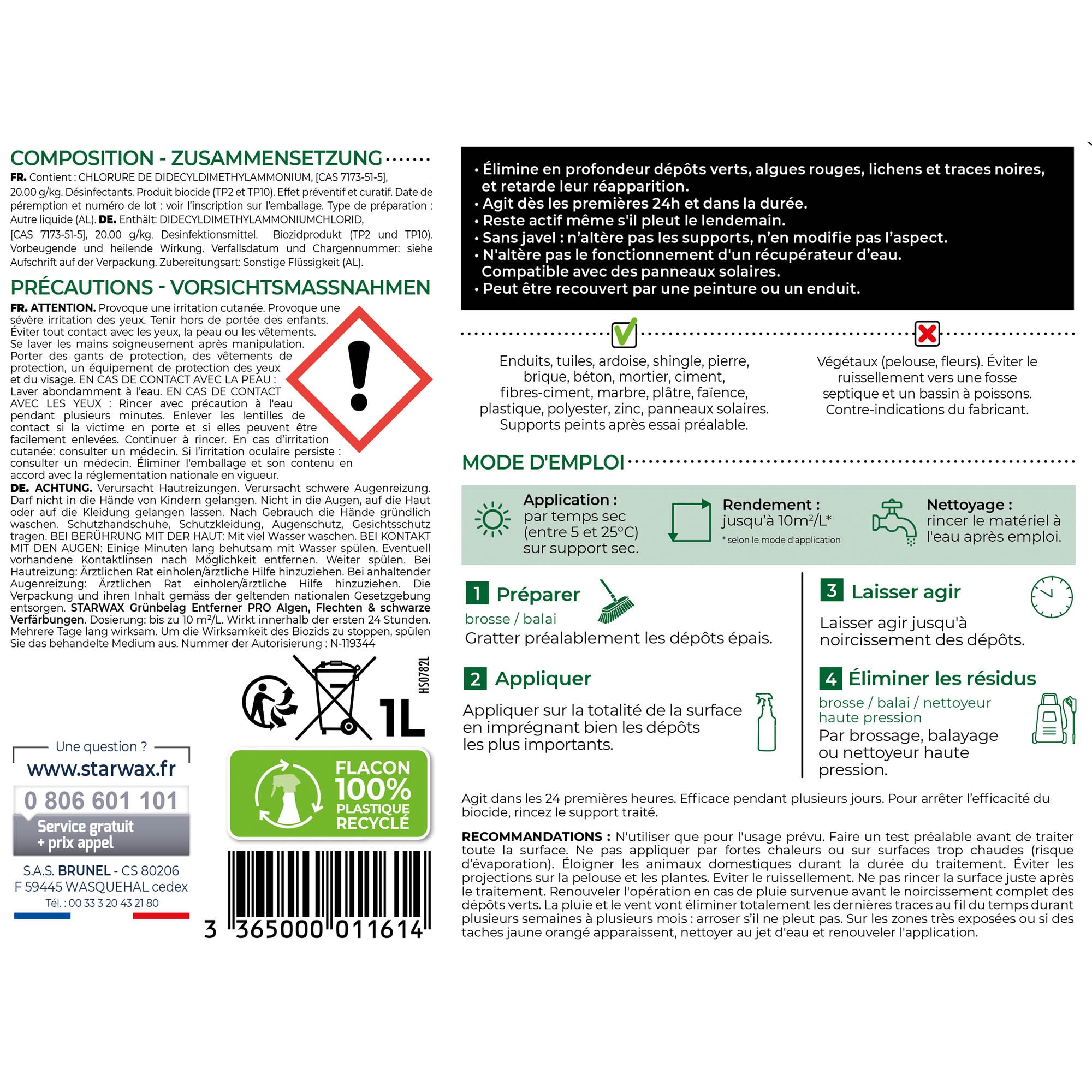 STARWAX - Destructeur de dépôts verts, rouges, lichens et traces noires prêt à l'emploi pour toitures, murs et sols extérieurs 1L