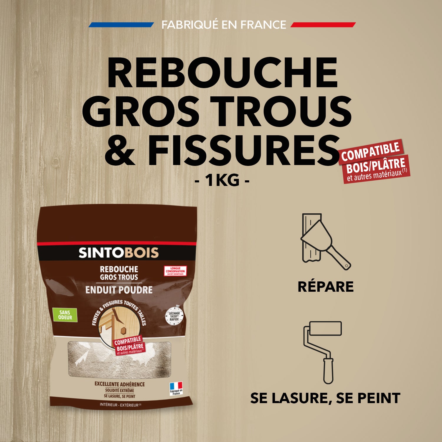 SINTO - Rebouche bois enduit poudre 1kg