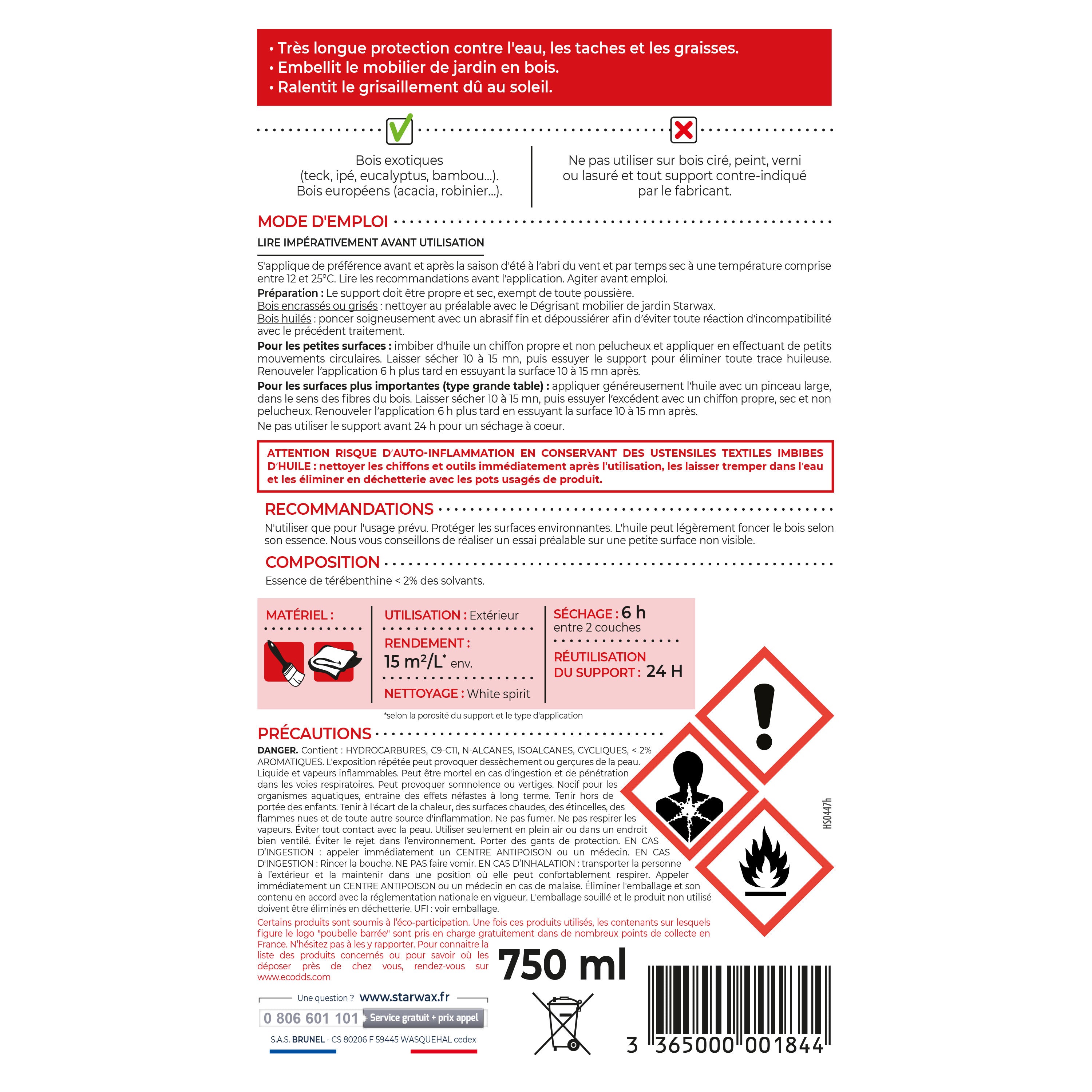 STARWAX - Huile ultra protectrice tenue longue durée pour mobilier de jardin en bois 750ml