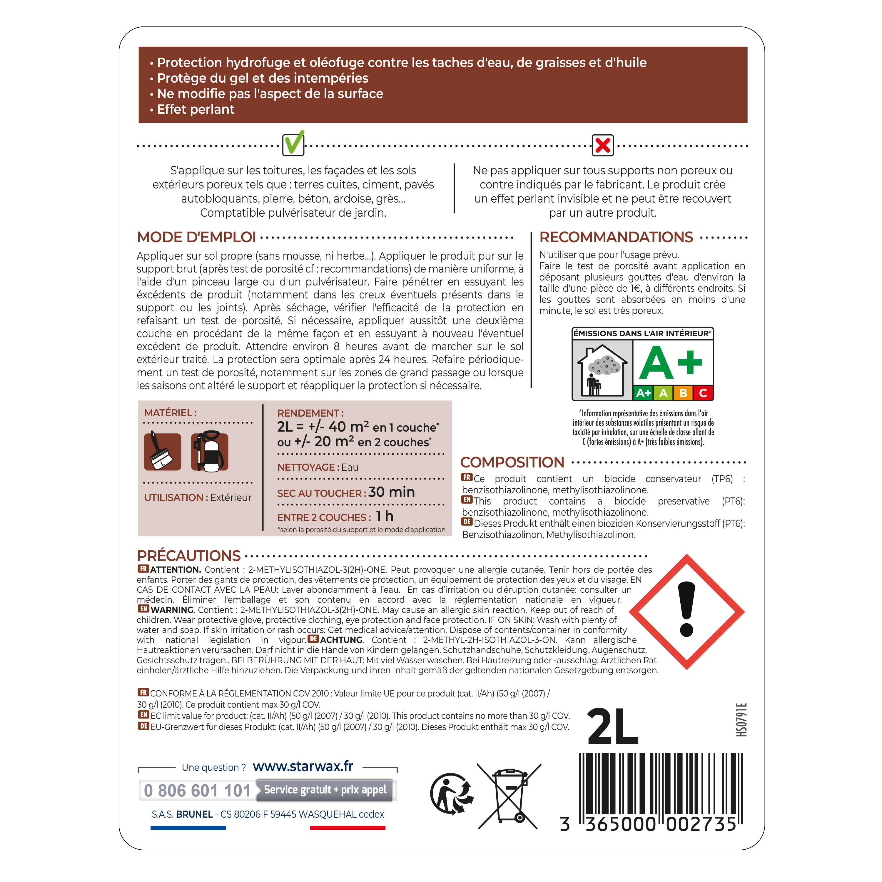 STARWAX - Imperméabilisant eau et graisses pour toitures, murs et sols extérieurs 1L