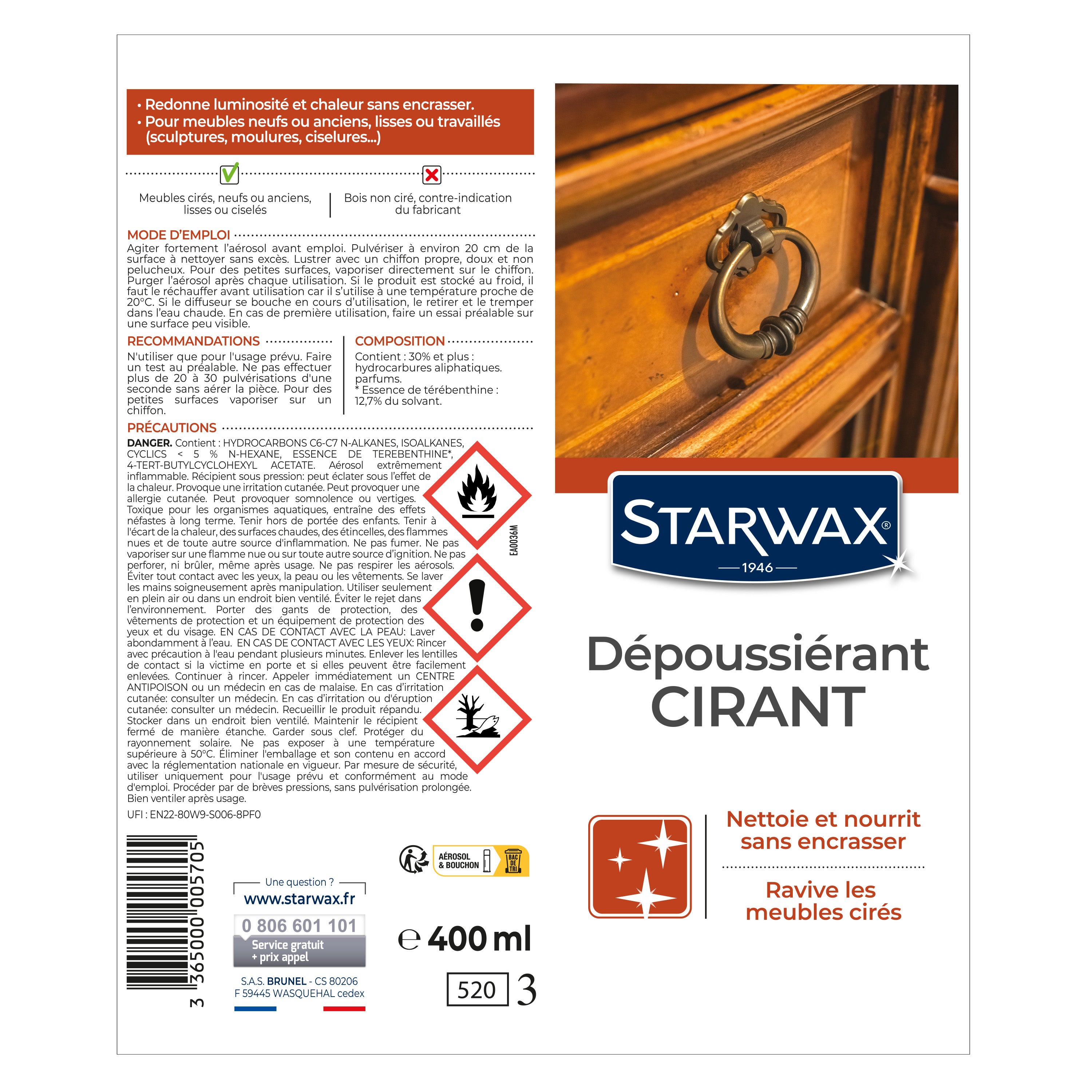 STARWAX - Nettoyant dépoussiérant cirant pour mobilier intérieur 400ml