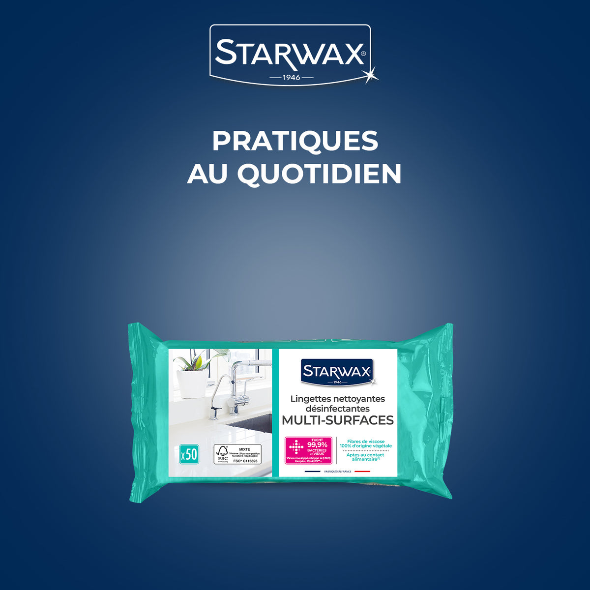 STARWAX - Lingettes nettoyantes désinfectantes multi-surfaces X50