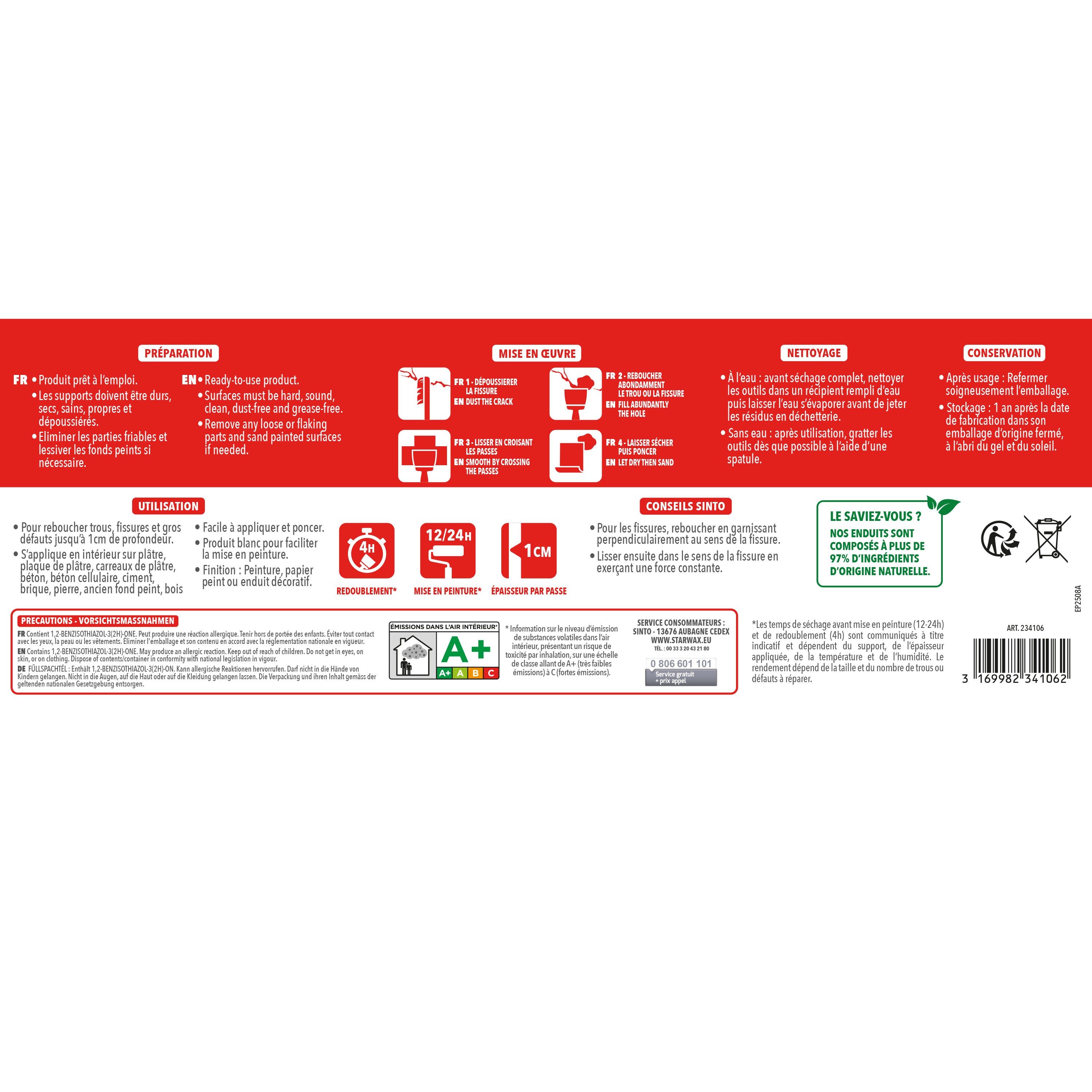 SINTO - Enduit rebouchage pâte 1kg Blanc