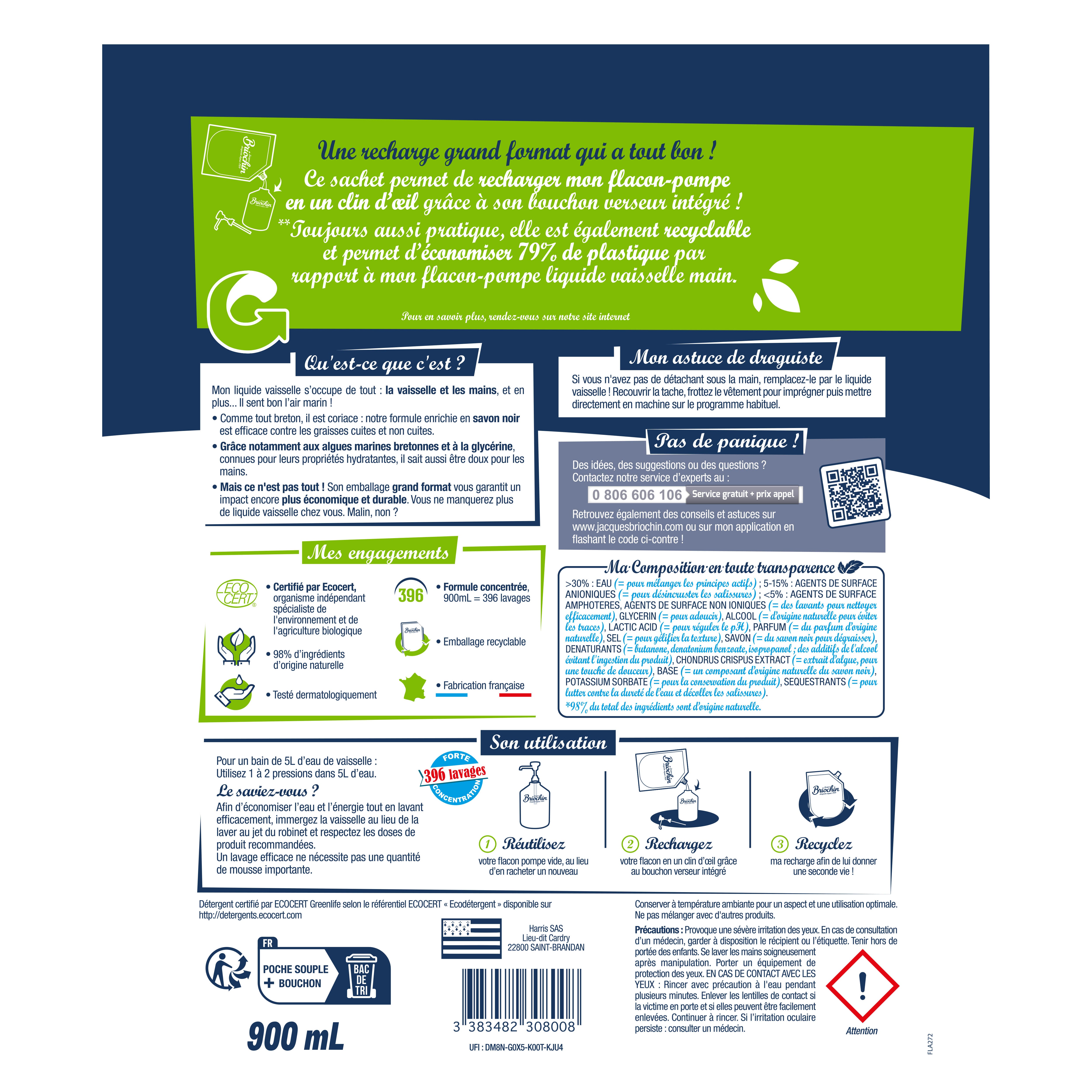 JACQUES BRIOCHIN - Recharge Liquide Vaisselle Mains Savon noir & Algues Marines grand format 900ml Algues Marines