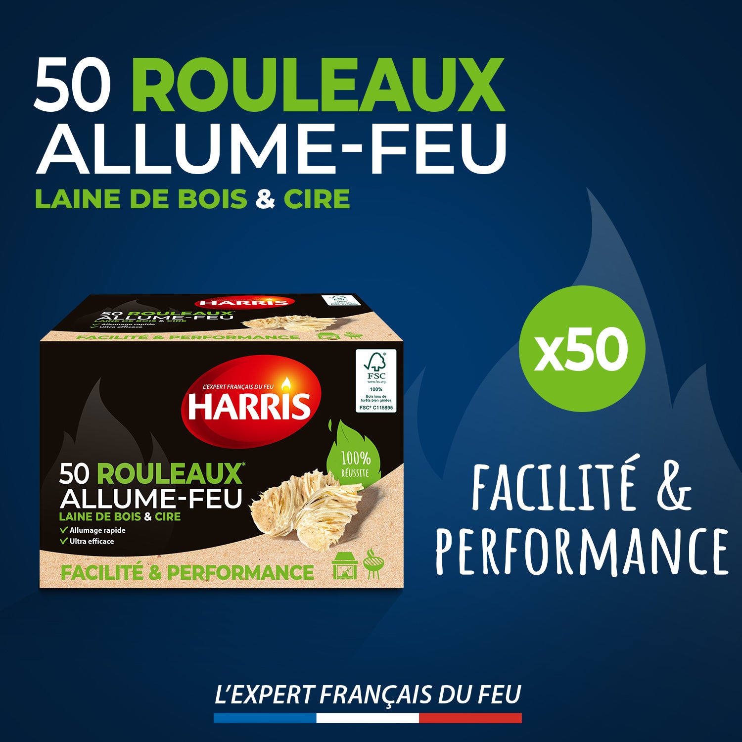 HARRIS - 50 rouleaux allume-feu 100% naturels FSC® x50