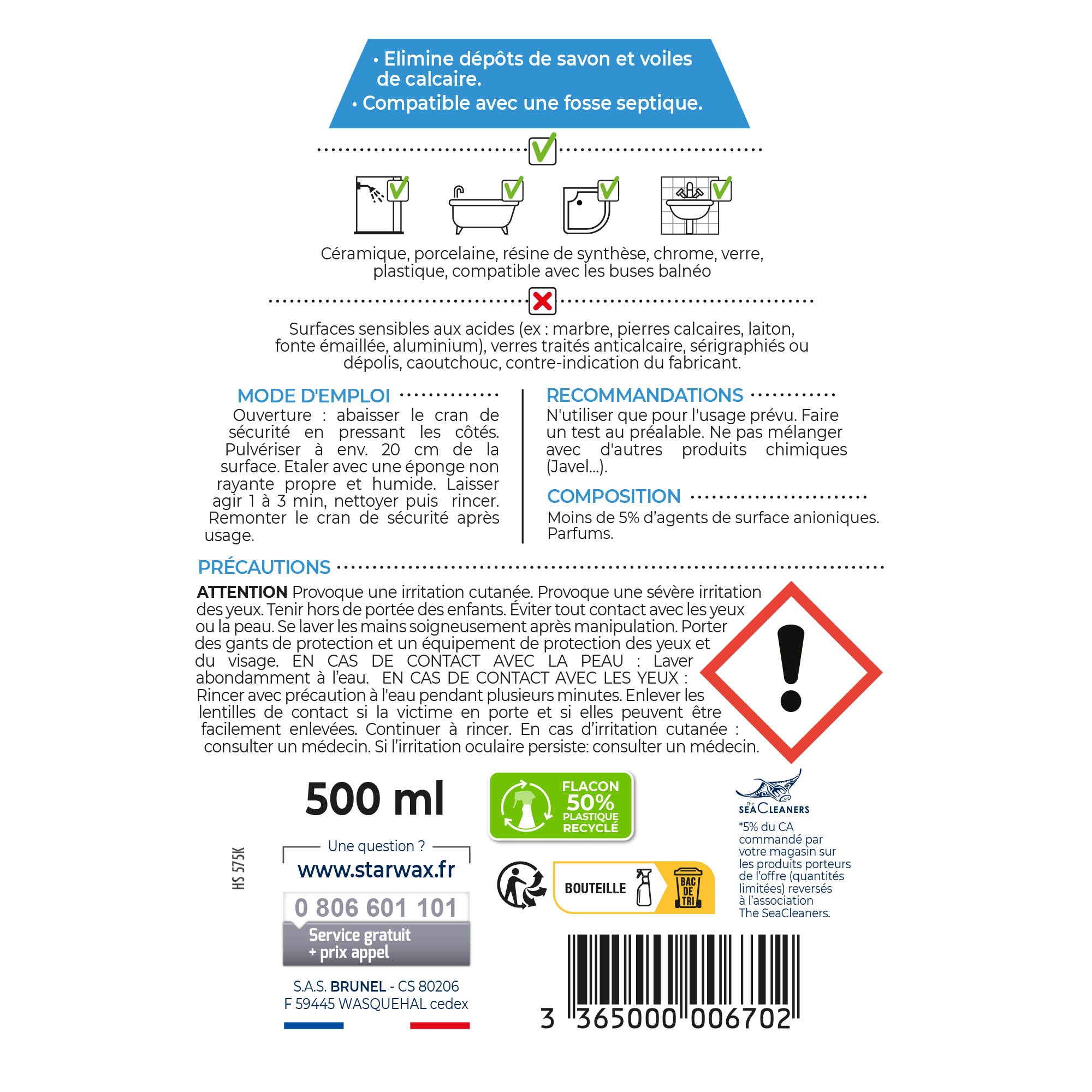 STARWAX - Nettoyant anti-calcaire pour cabine de douche 500ml
