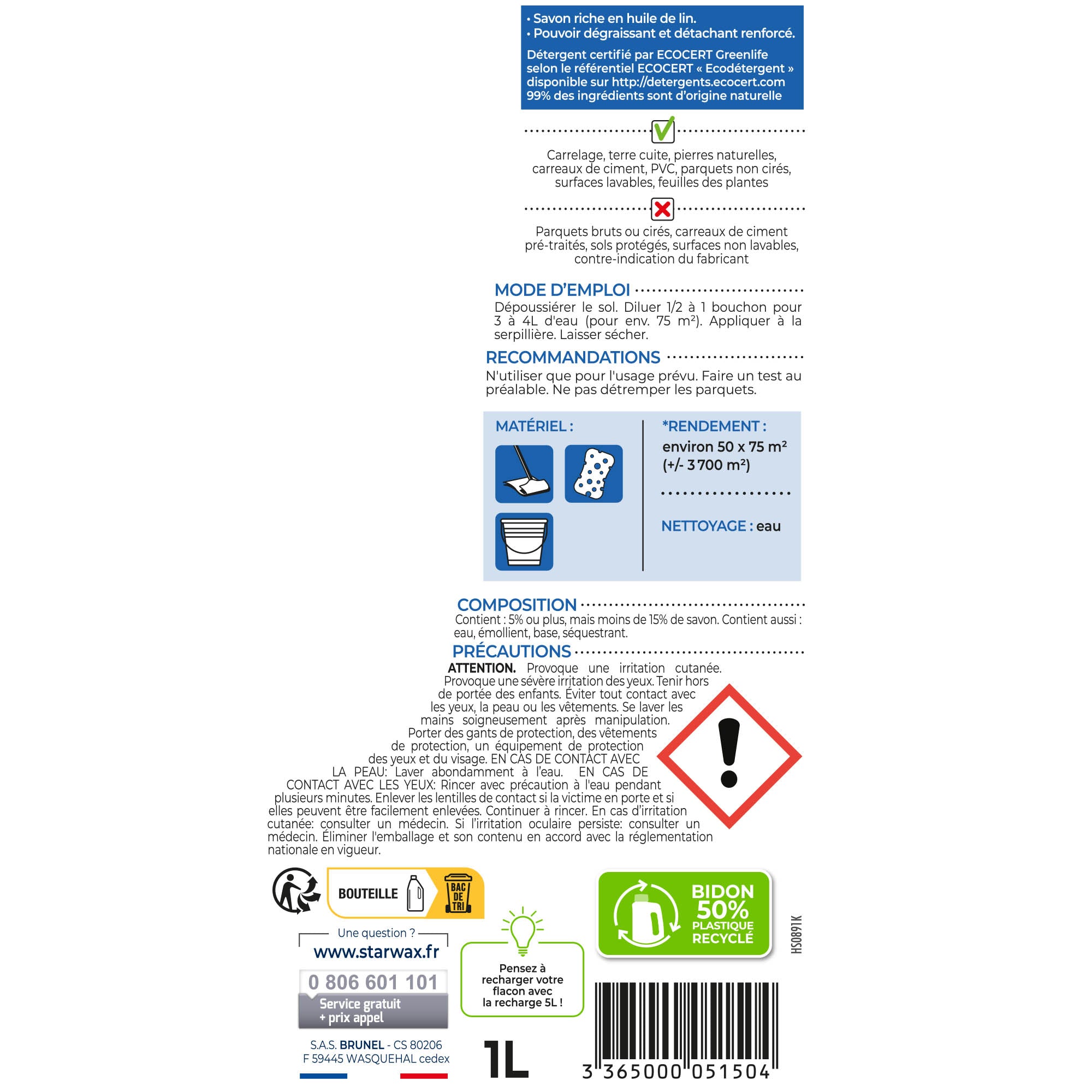 STARWAX - Savon noir à l'huile de lin pour les sols intérieurs 1L