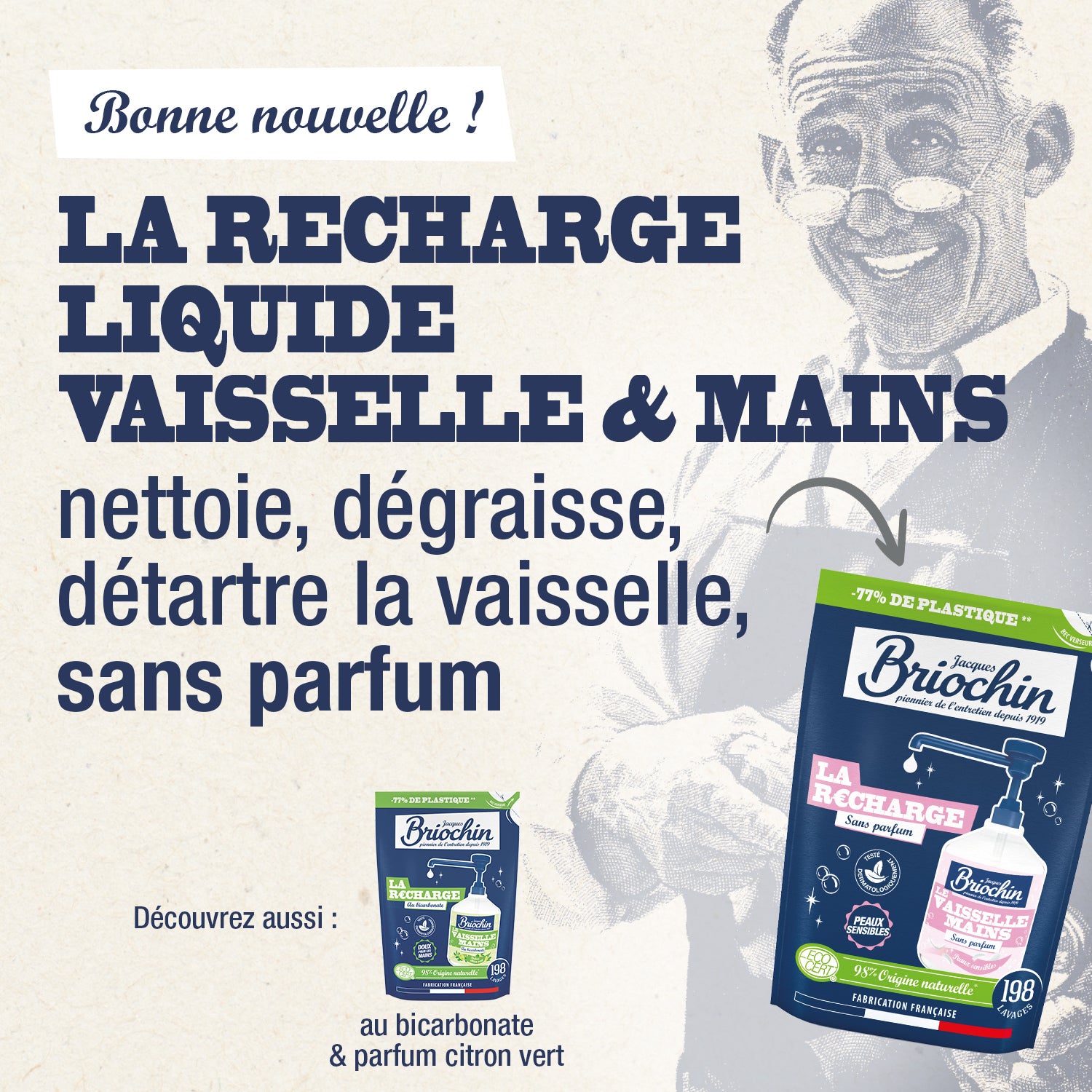 JACQUES BRIOCHIN - Recharge Liquide Vaisselle Mains Savon de Marseille spécial peaux sensibles 450ml Sans parfum