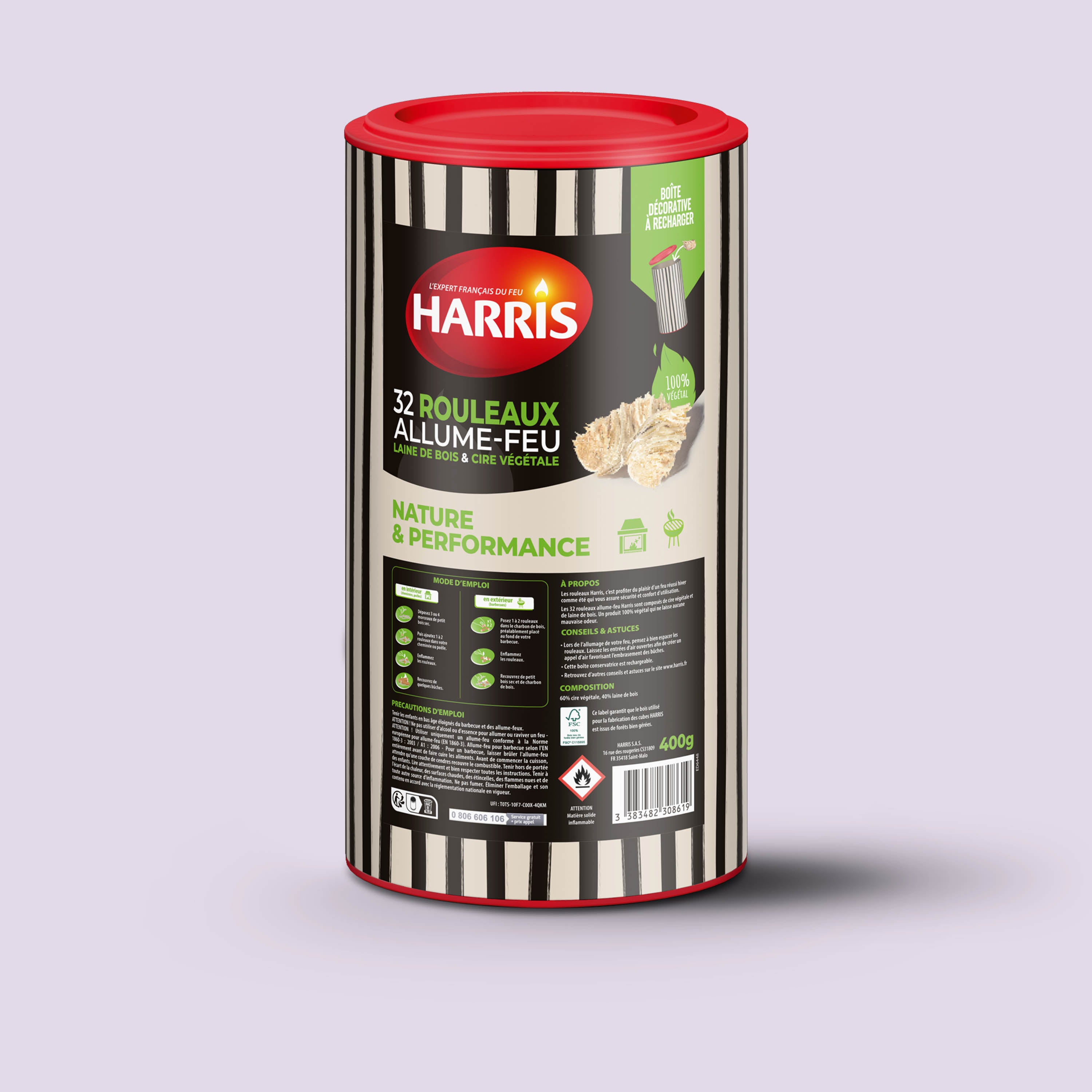 HARRIS - Cylindre Rouleaux allume feu 100% végétal x32 400g