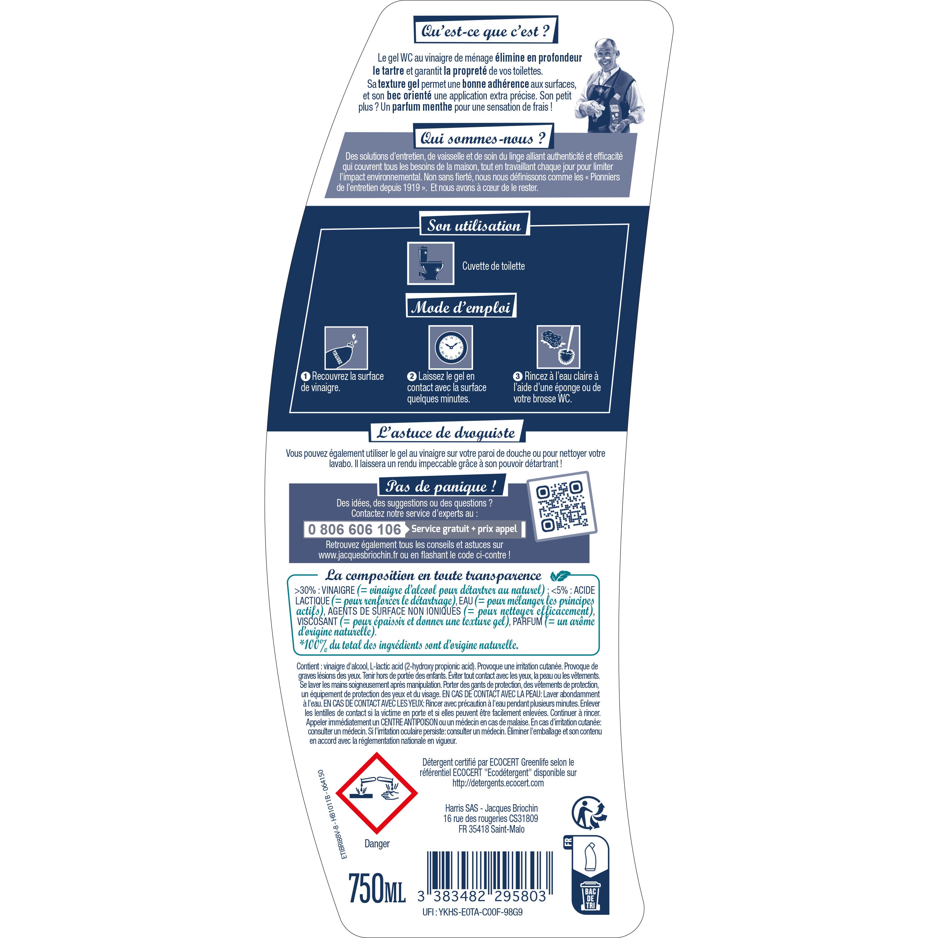 JACQUES BRIOCHIN - Gel WC au vinaigre de ménage - parfum menthe 750ml Menthe