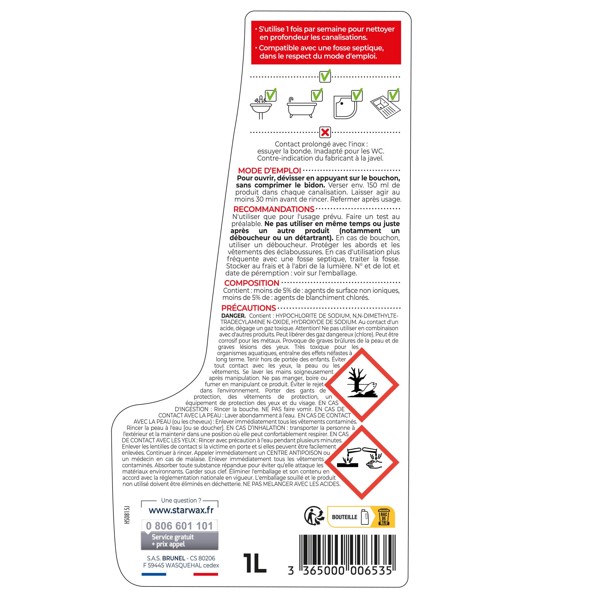 STARWAX - Entretien javel pour canalisations 1L