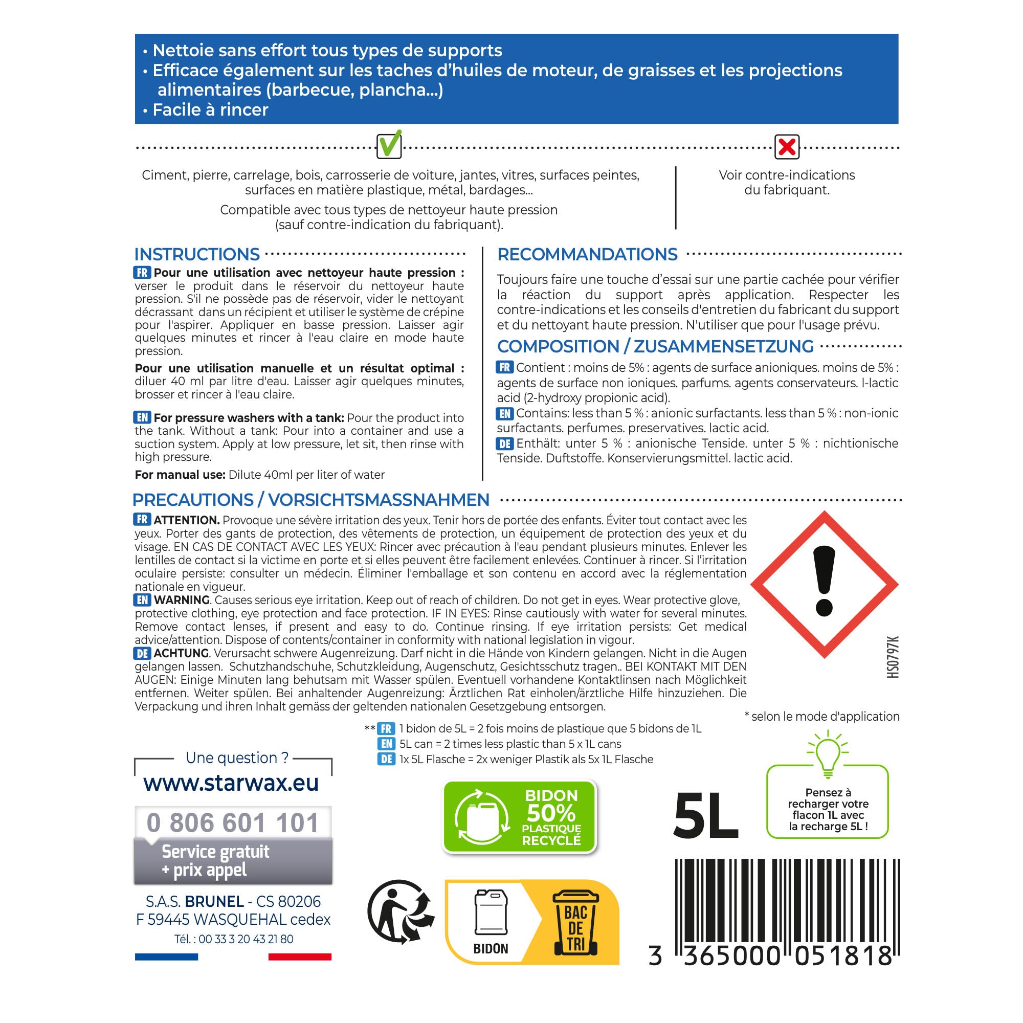 STARWAX - Nettoyant décrassant pour toitures, murs, et sols extérieurs 1L