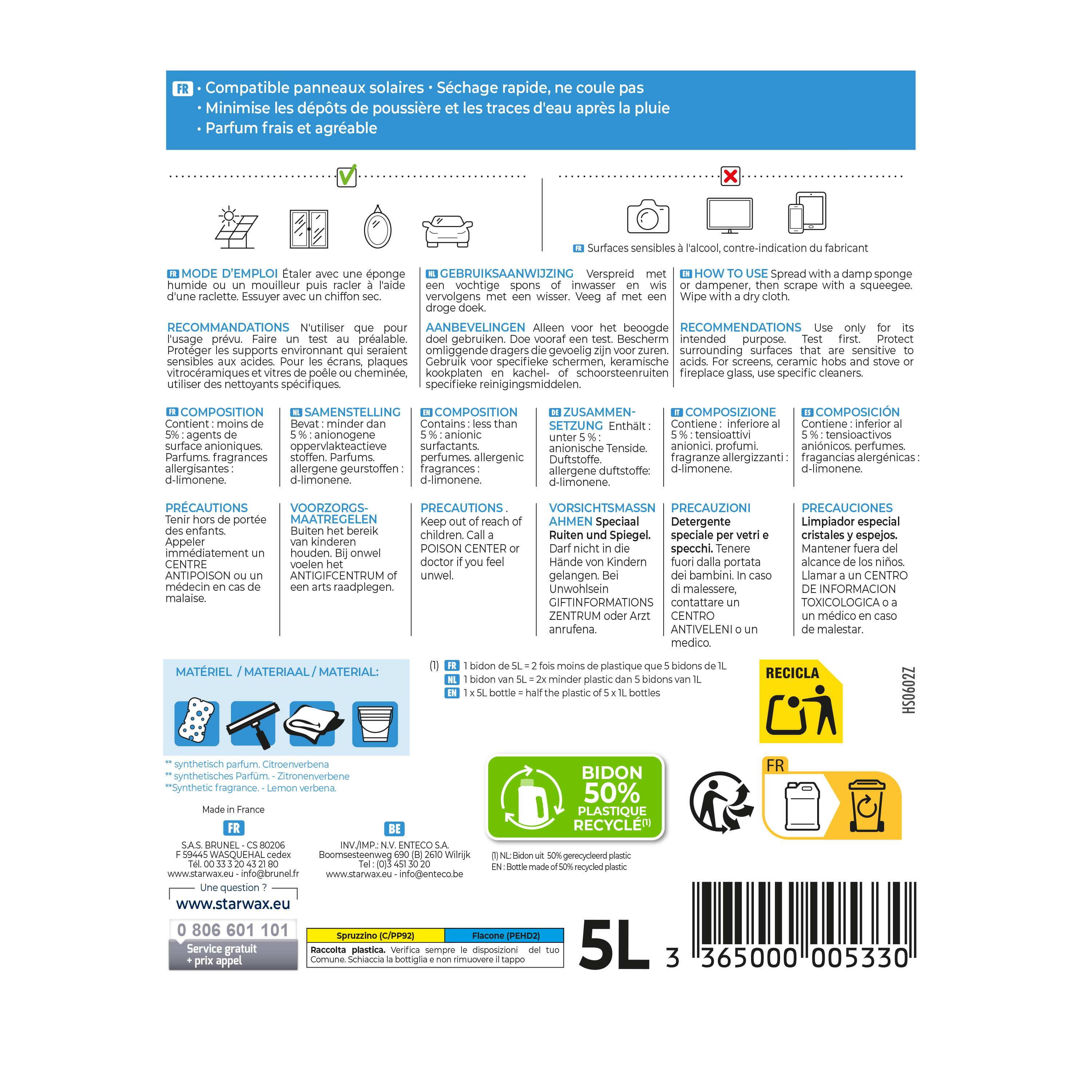 STARWAX - Nettoyant spécial vitres et miroirs
 500ml Parfum verveine citron (parfum de synthèse)