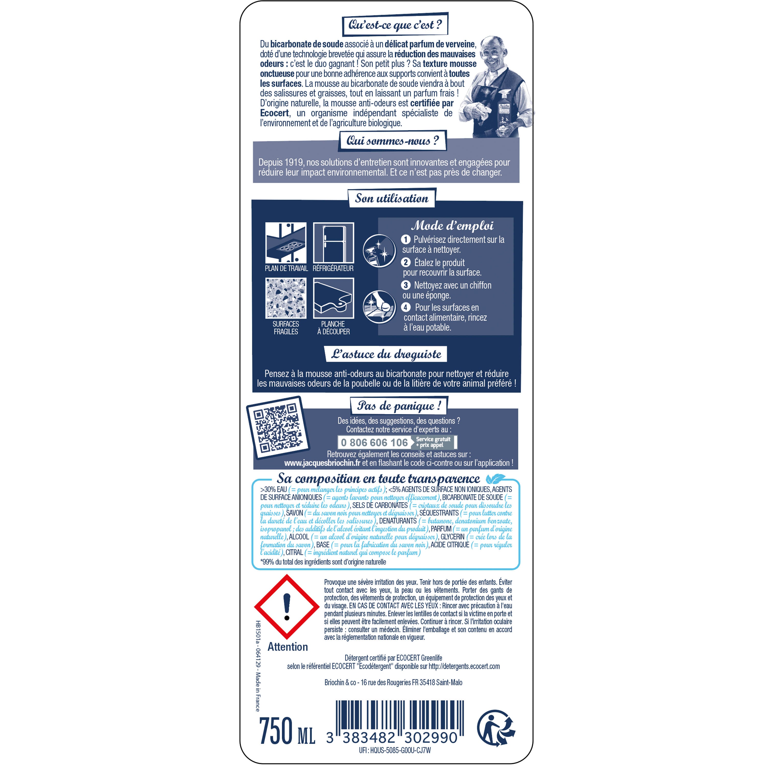 JACQUES BRIOCHIN - Mousse nettoyante au Bicarbonate de Soude - Parfum verveine 750ml Verveine