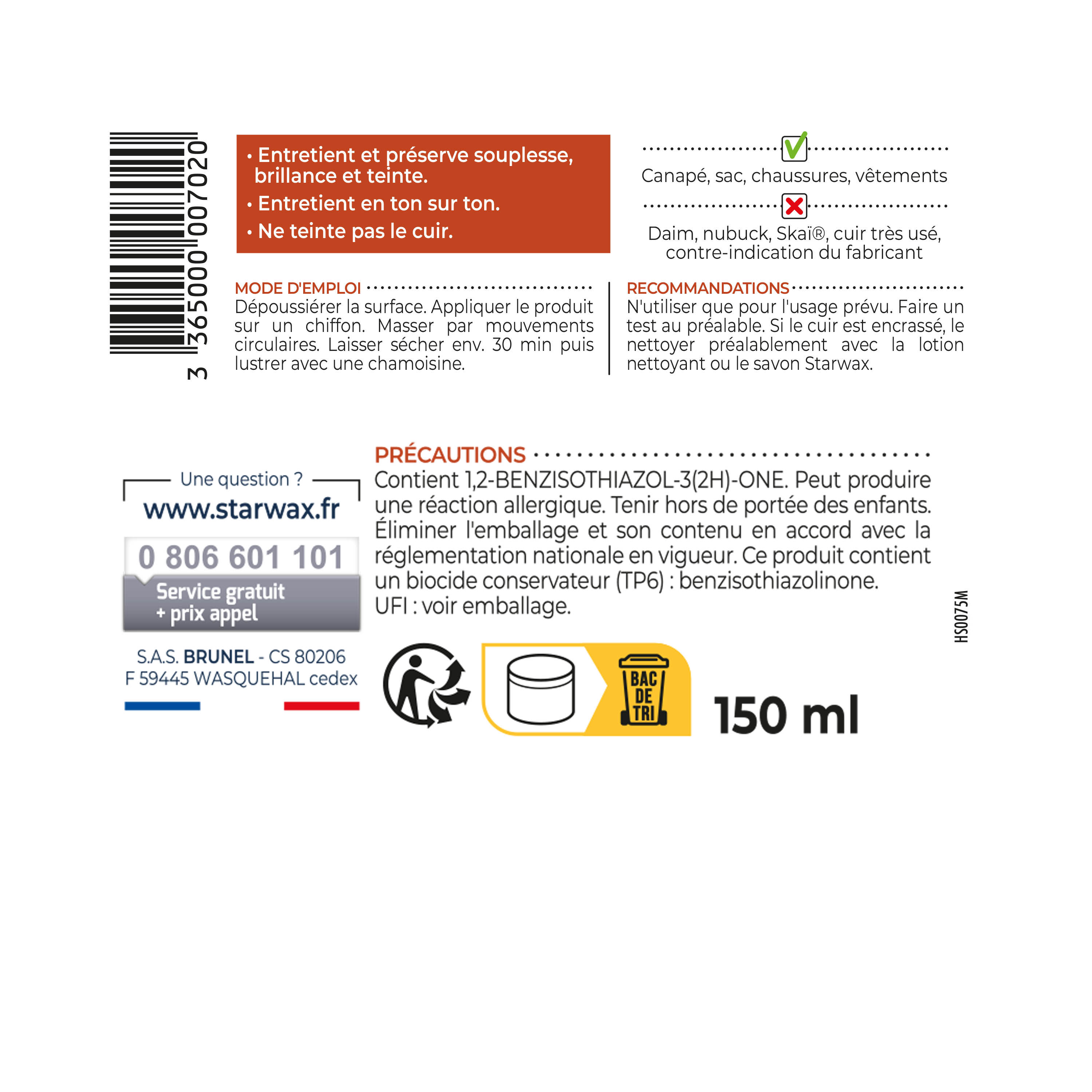 STARWAX - Crème de soin pour cuirs colorés 150ml Camel