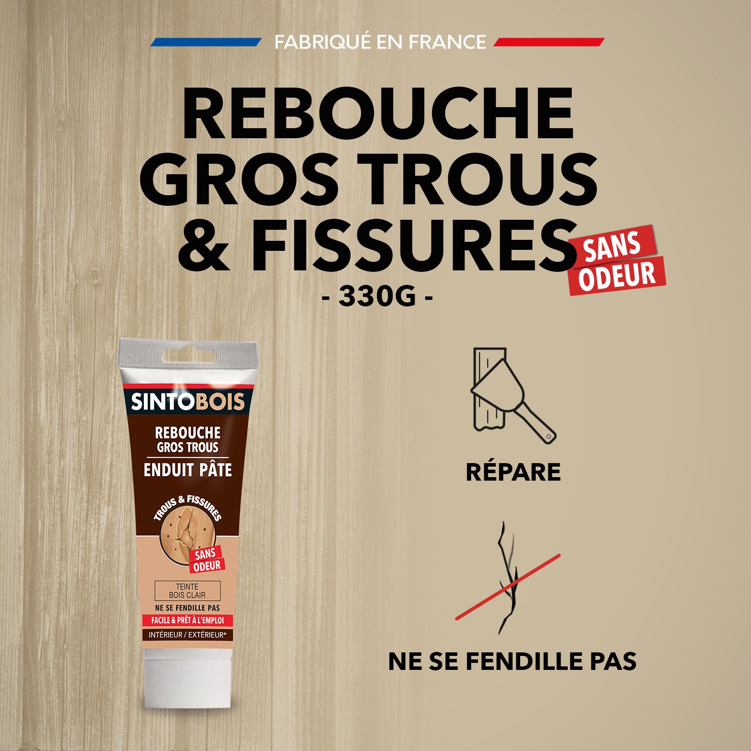 SINTO - Reboucher gros trous et fissures dans le bois clair 330g Bois clair