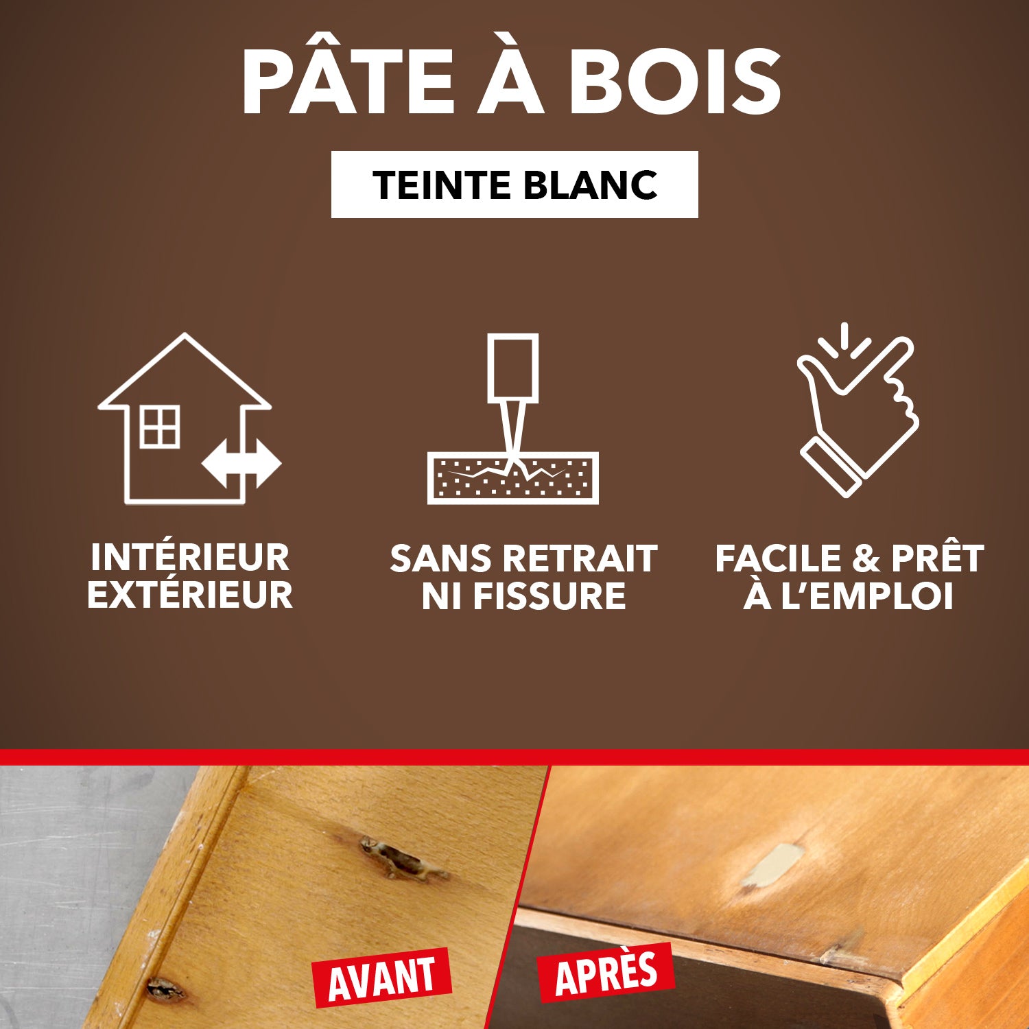 SINTO - Rebouche imperfections -  Pâte à bois naturel 80g Blanc