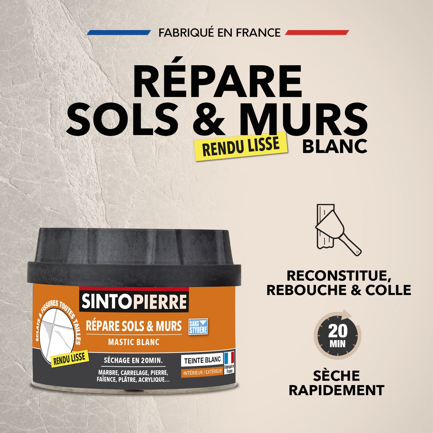 SINTO - Répare sols et murs blanc (marbre, faïence, carrelage, plâtre) 280g Blanc
