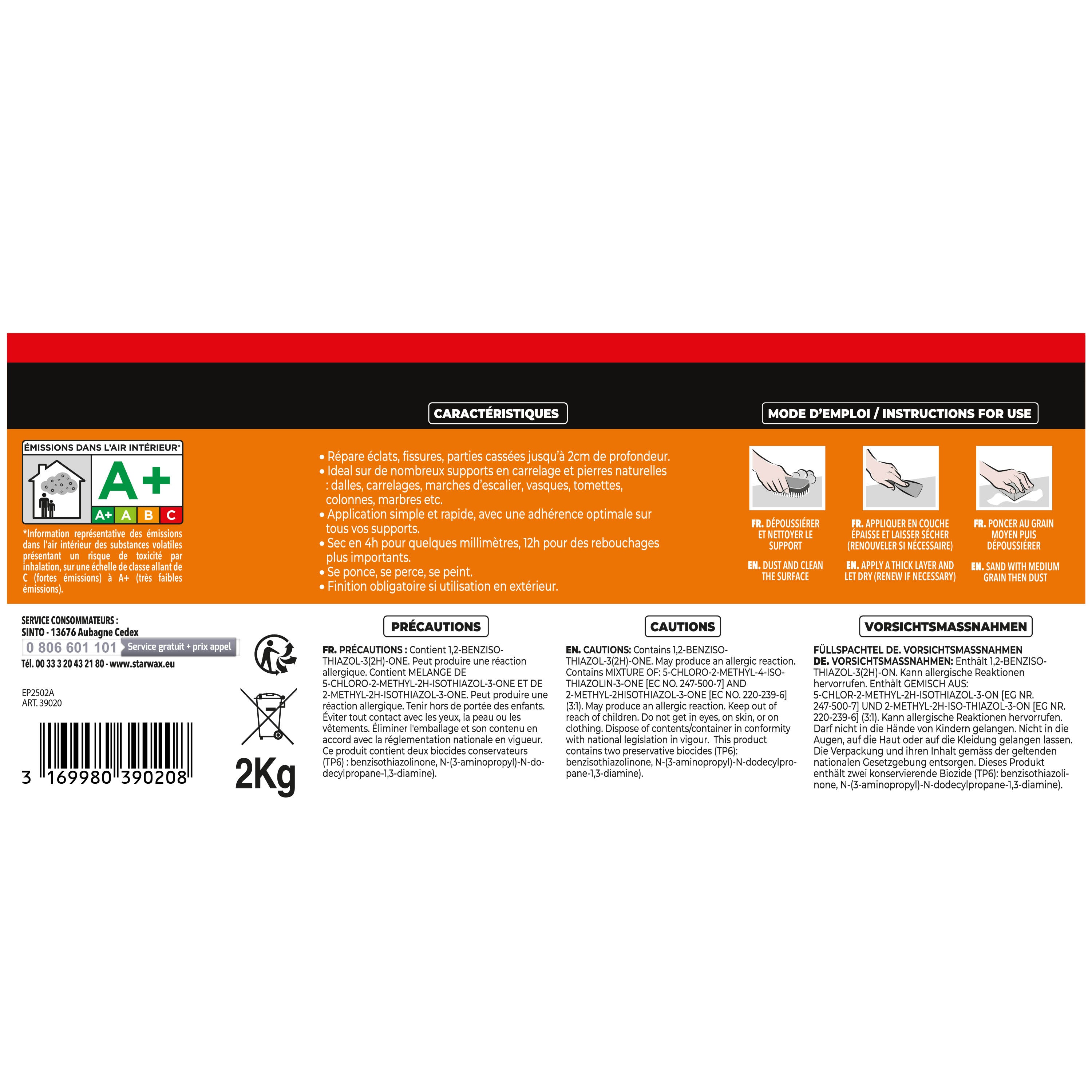 SINTO - Rebouche sols et murs - enduit de rebouchage 2Kg Blanc