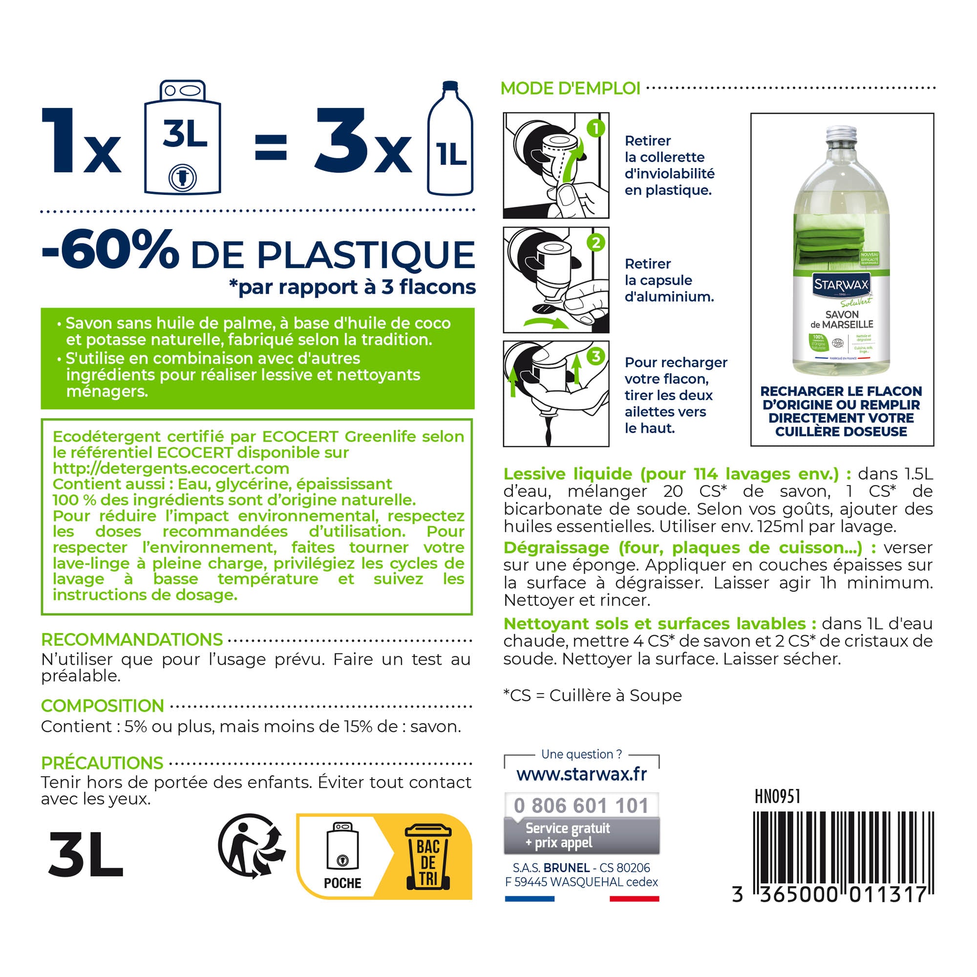 STARWAX SOLUVERT - Savon de Marseille liquide sans huile de palme 1L