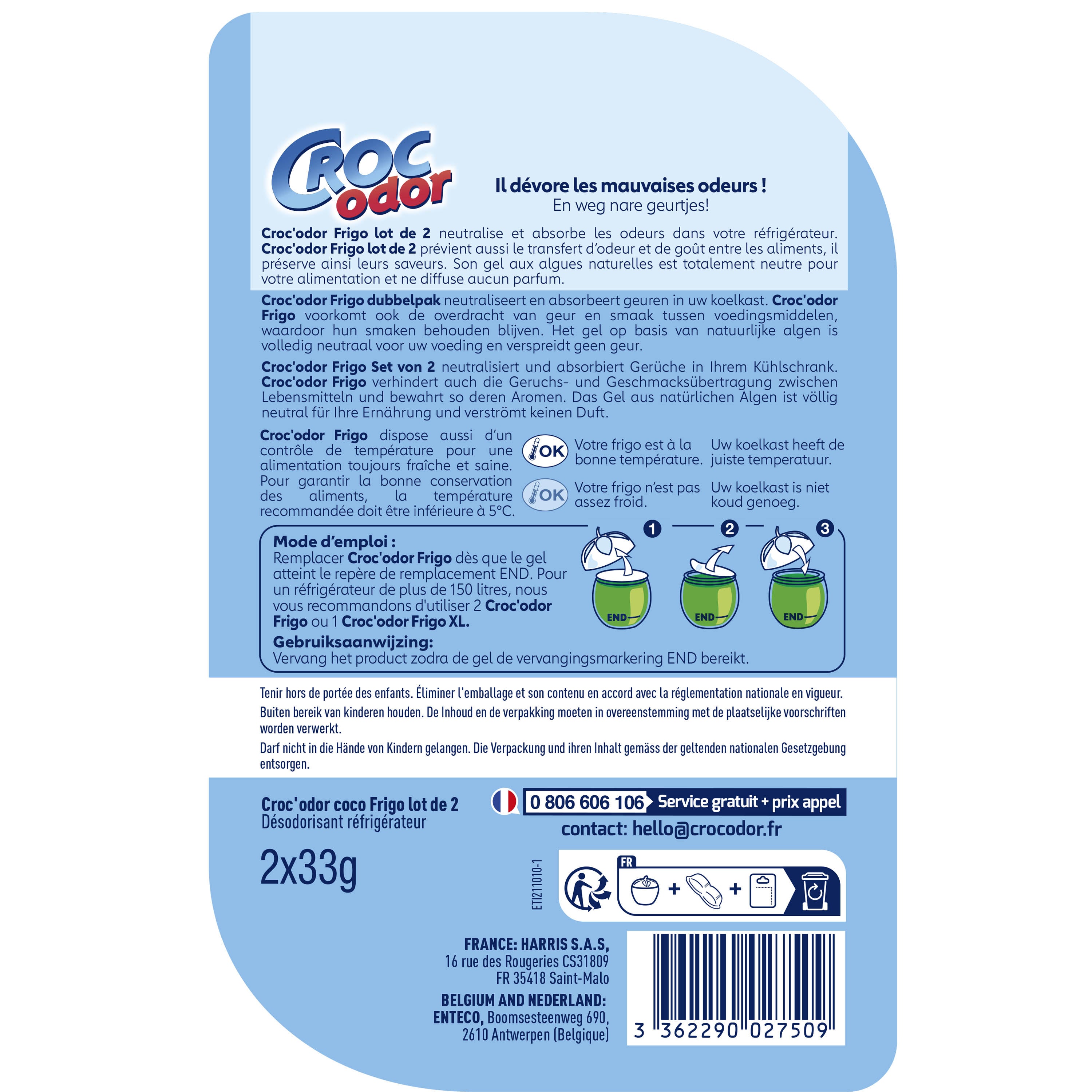CROC ODOR - Absorbeur d'odeurs Frigo x2 2x33g Sans parfum