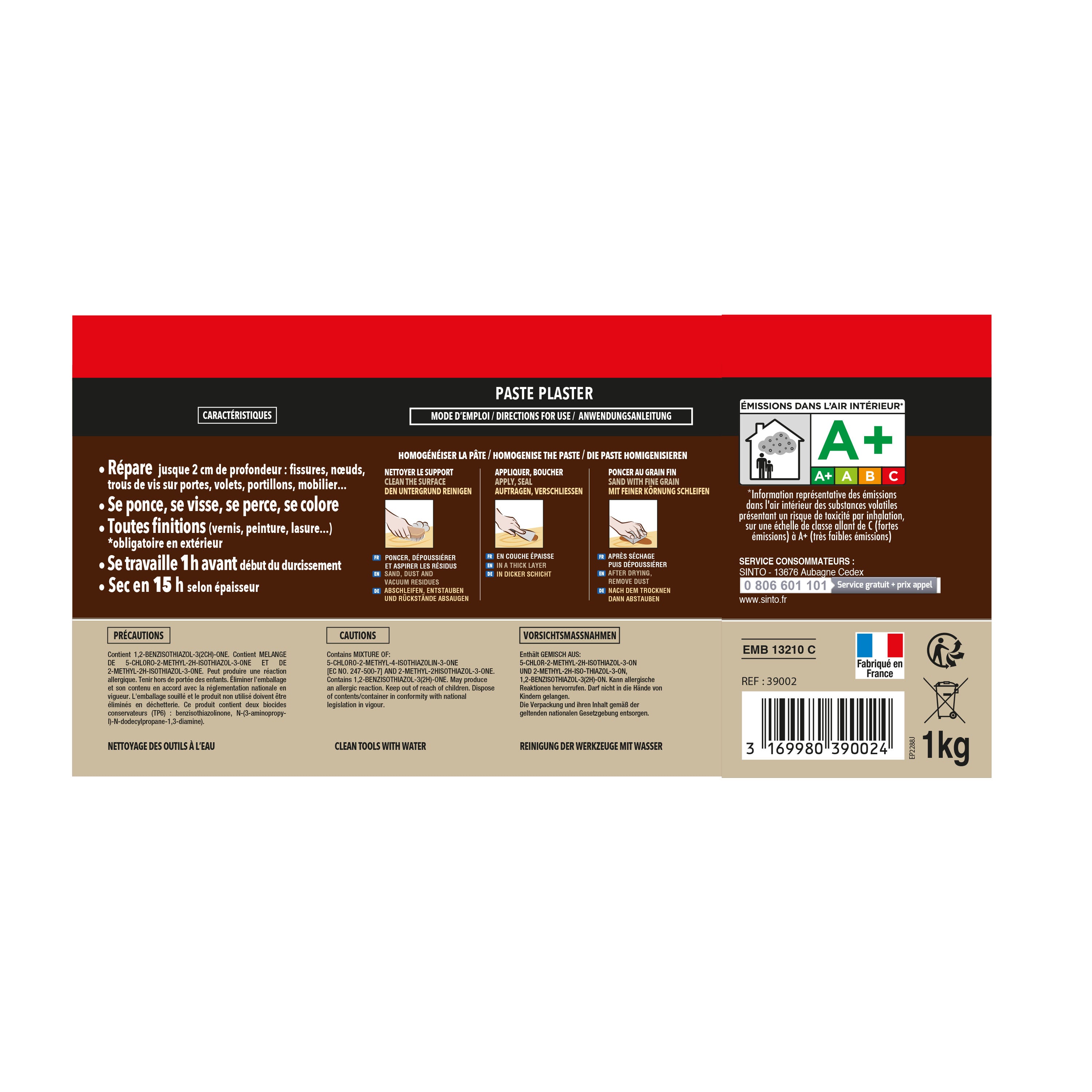 SINTO - Reboucher gros trous et fissures dans le bois clair 330g Bois clair