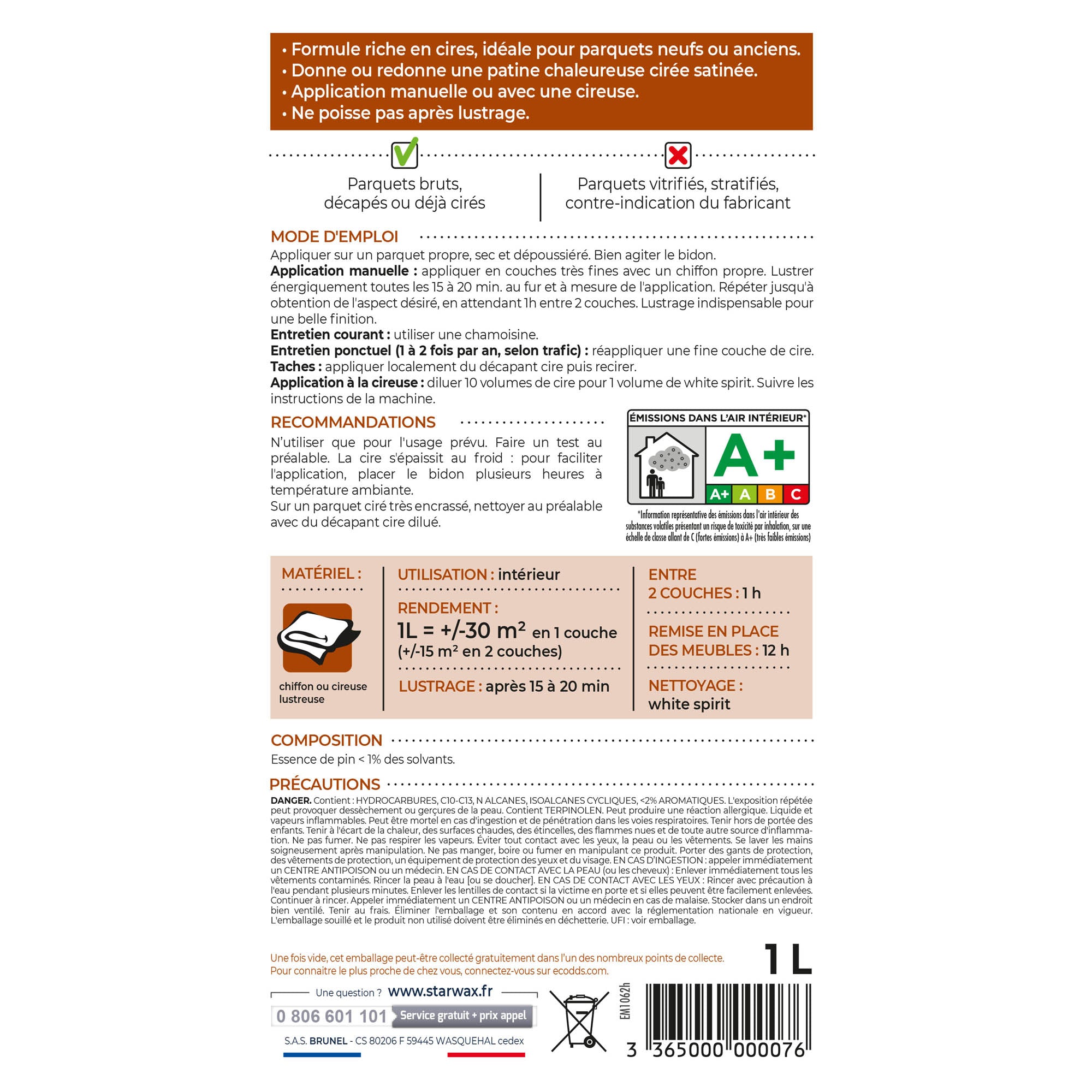 STARWAX - Cire concentrée pour parquets cirés 1L