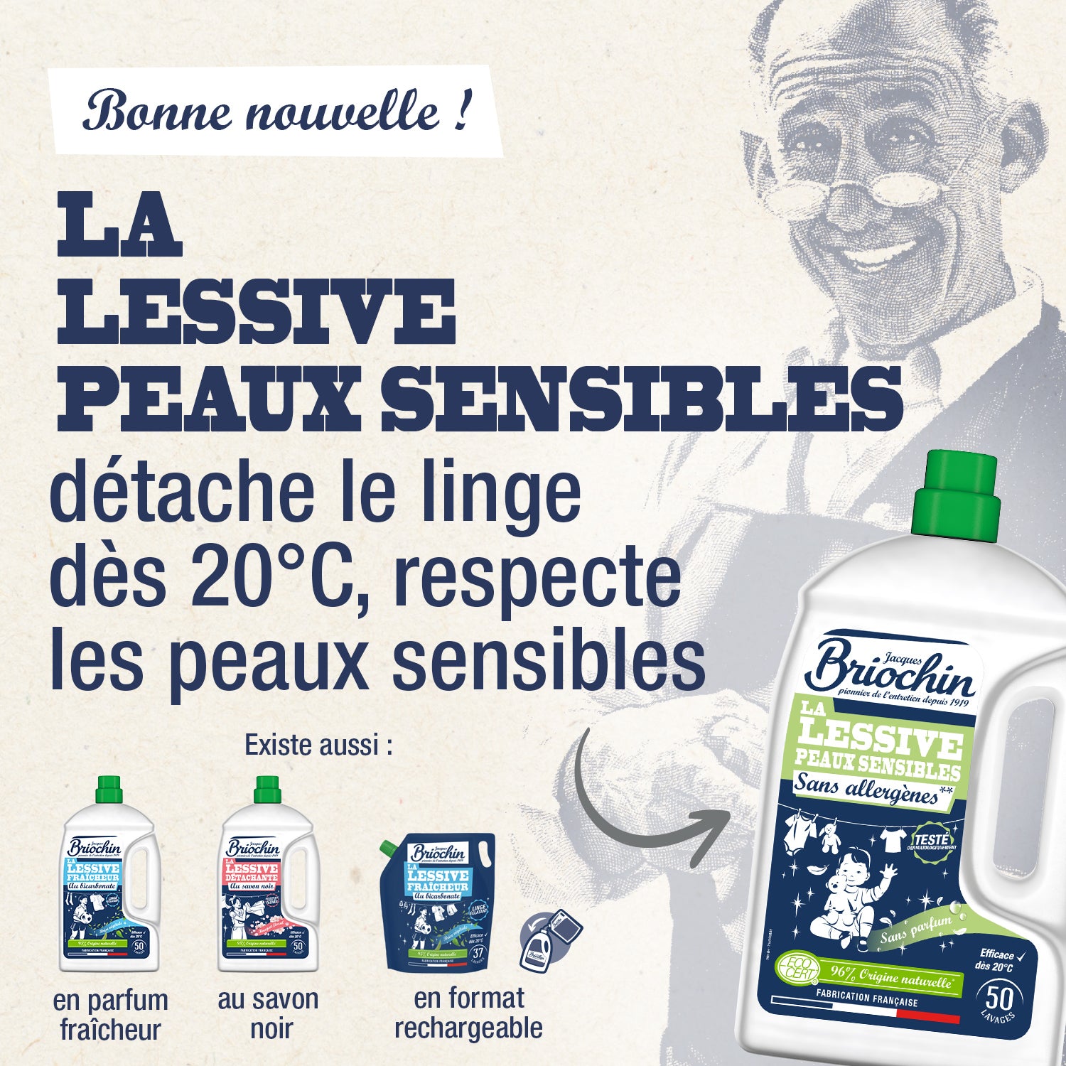JACQUES BRIOCHIN - Ma Lessive Lessive Peaux Sensibles - Sans allergènes 2,27l Sans parfum