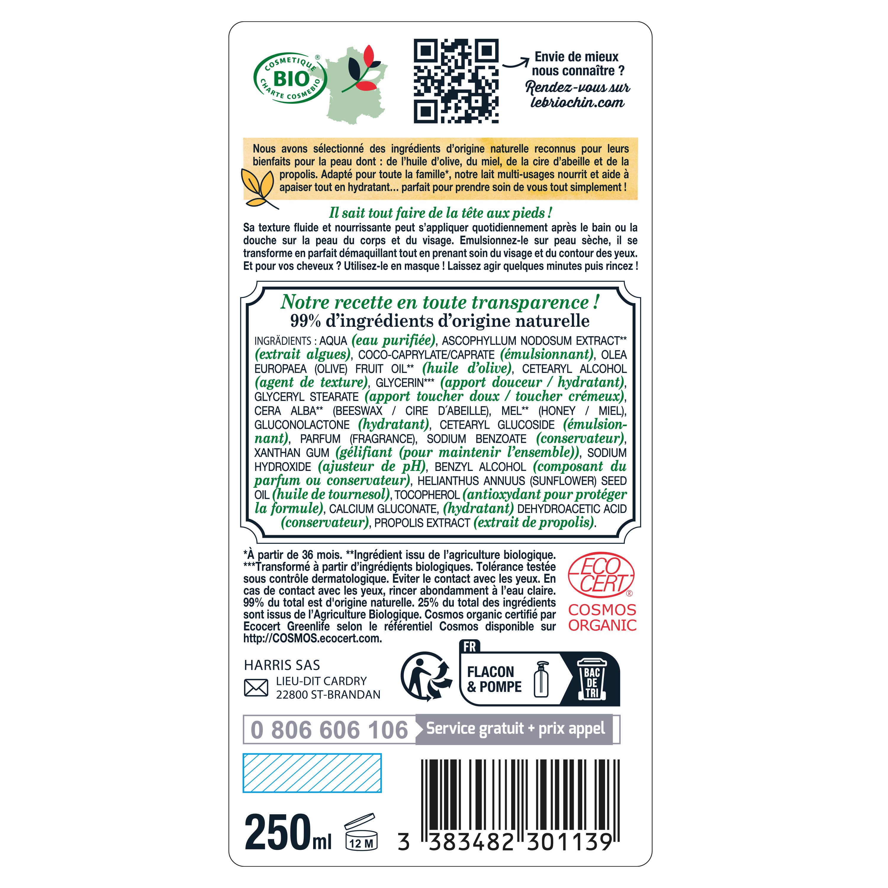 BRIOCHIN COSMETIQUES - Lait multi-usages - Cosmébio 250ml Miel