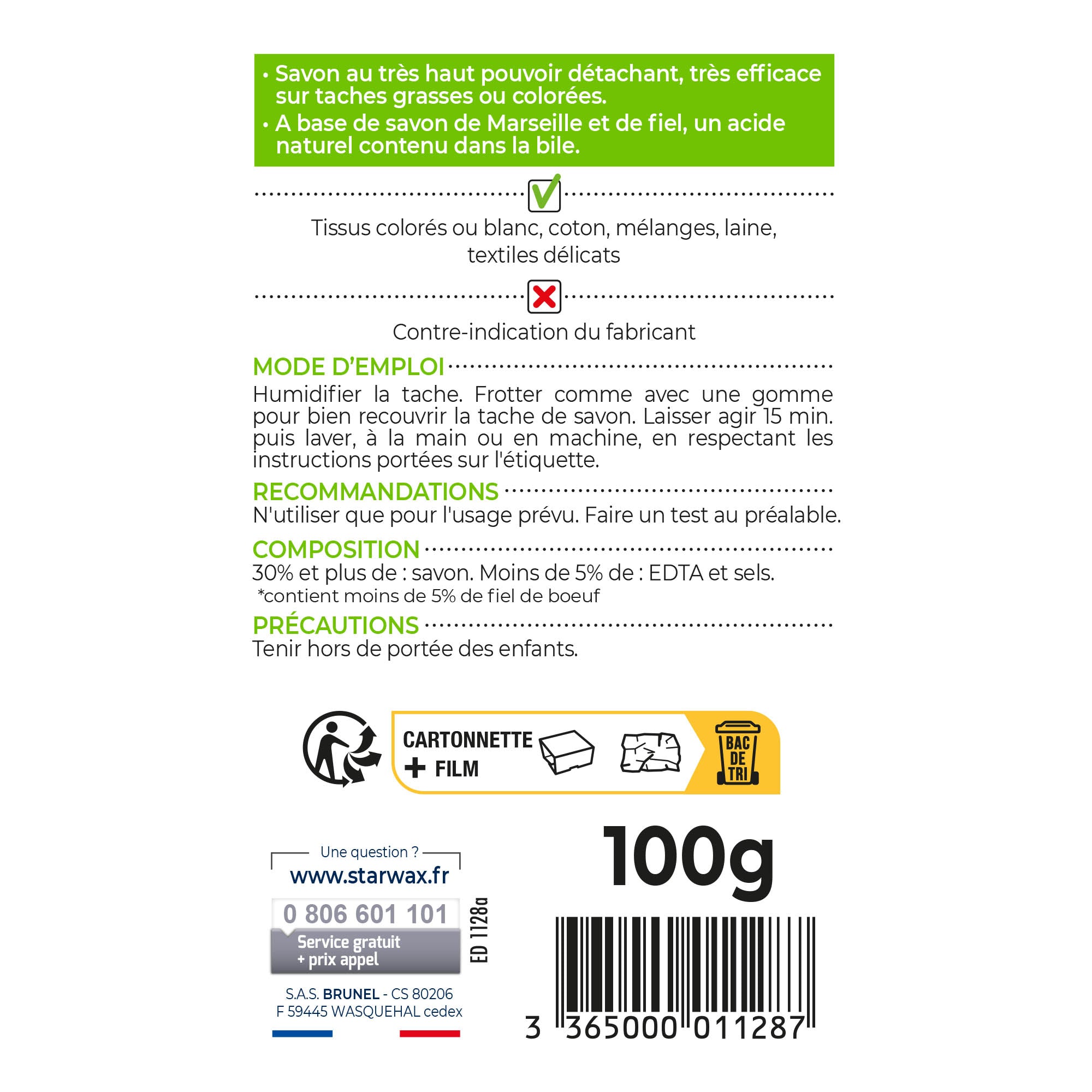 STARWAX SOLUVERT - Savon détachant textile au fiel de boeuf 100g