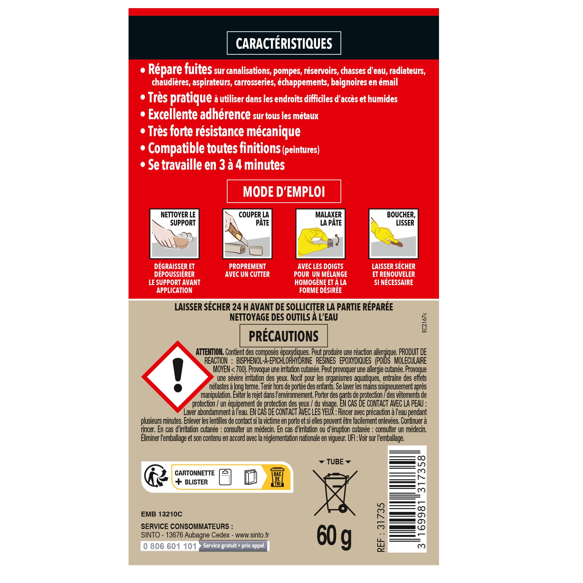 SINTO - Répare vite pâte à réparer spécial métal 60g