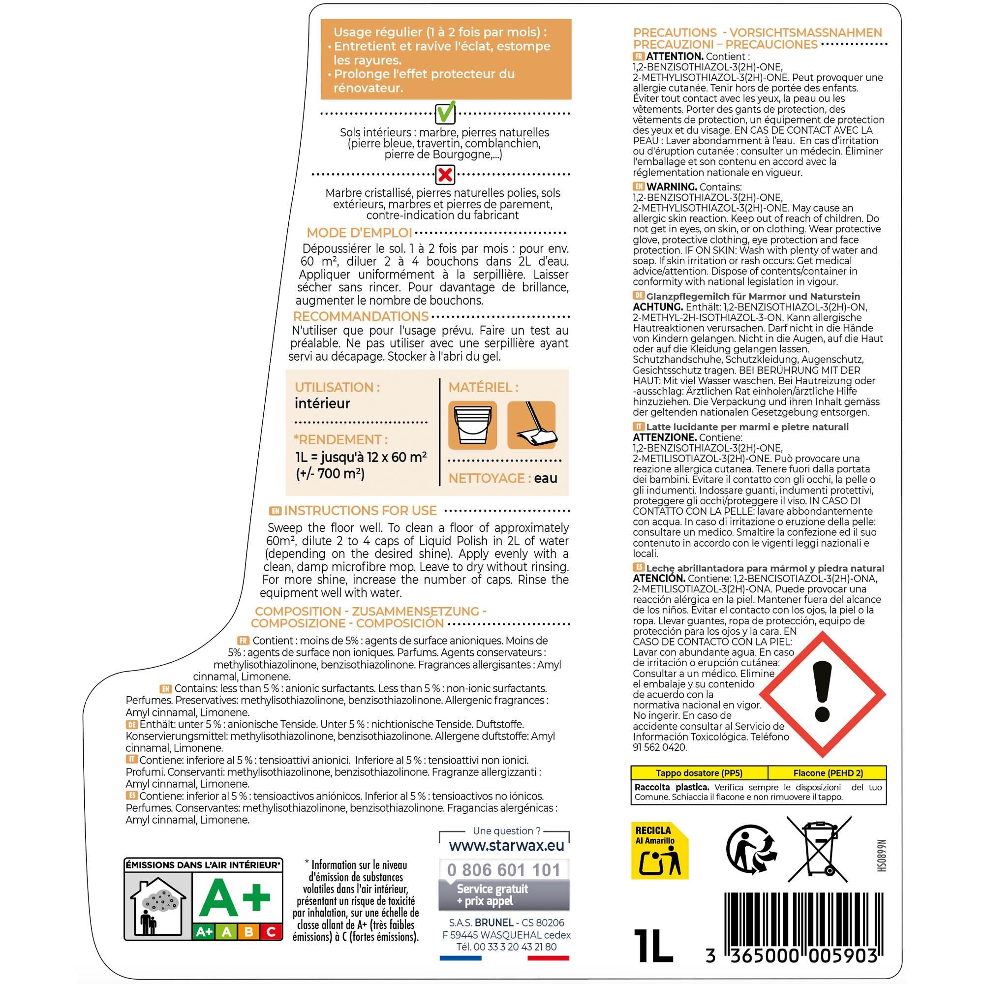 STARWAX - Lait de brillance pour marbres et pierres naturelles 1L