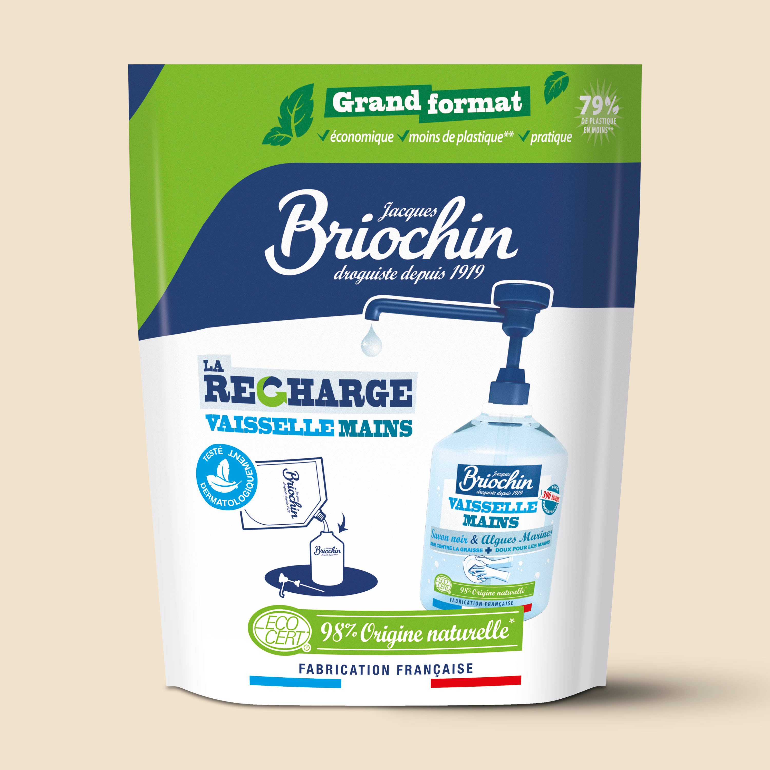 JACQUES BRIOCHIN - Recharge Liquide Vaisselle Mains Savon noir & Algues Marines grand format 900ml Algues Marines