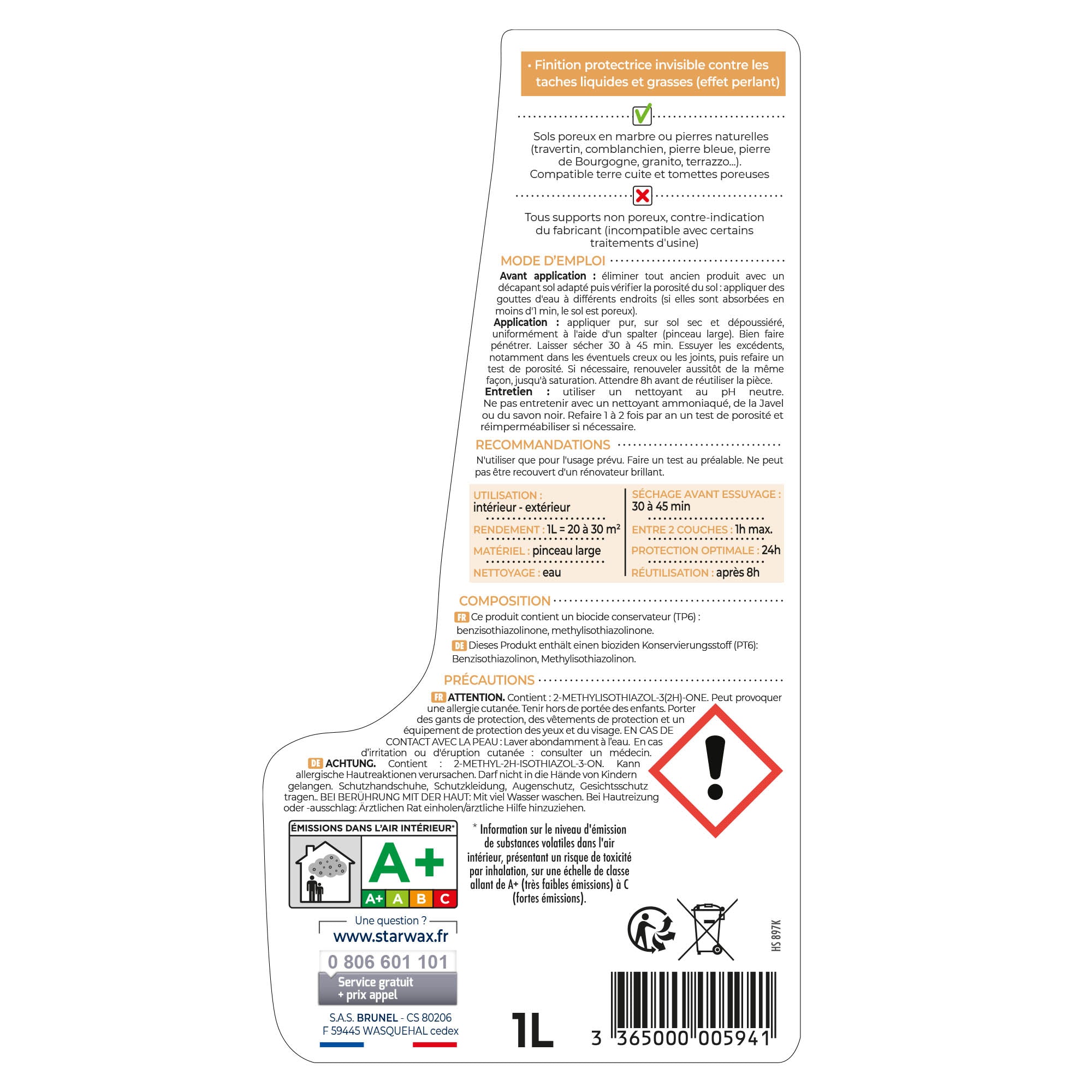 STARWAX - Imperméabilisant marbre et pierres naturelles poreuses - protection invisible 1L