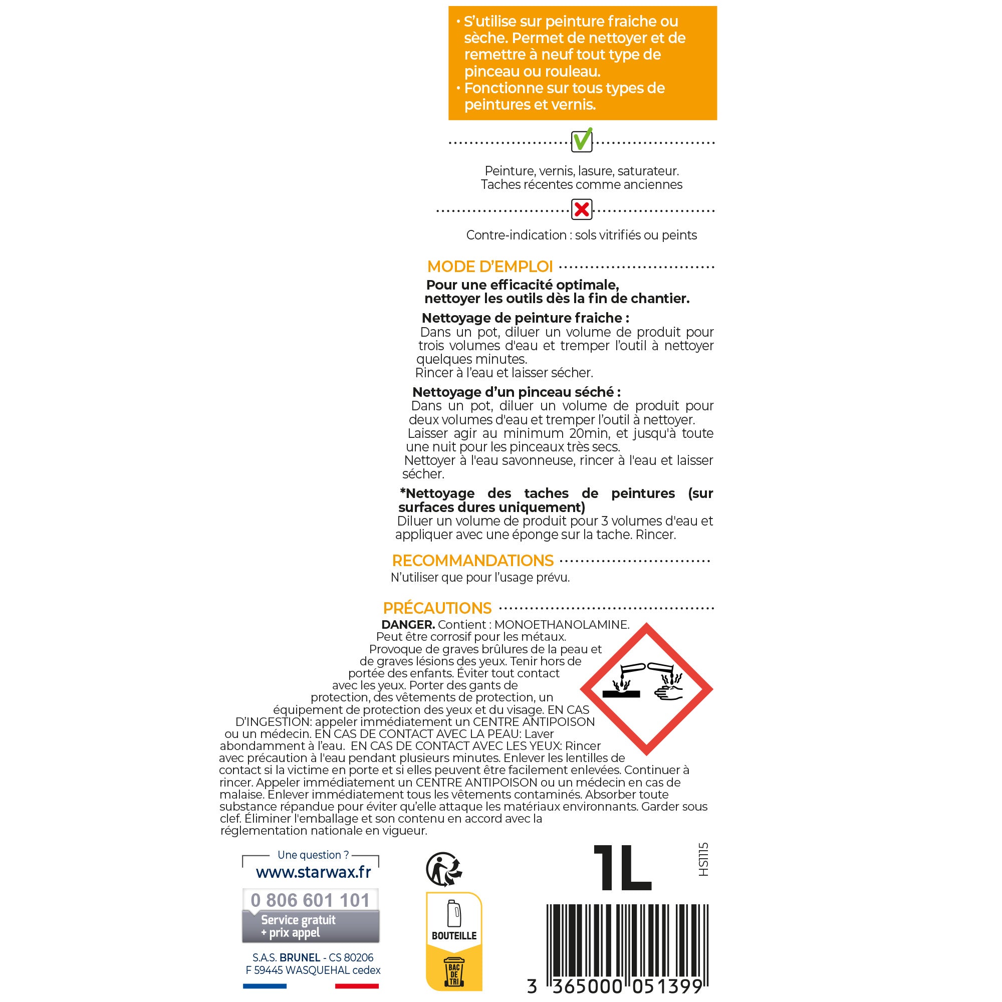 STARWAX - Nettoyant rénovateur pinceaux, rouleaux et outils 1L 1L