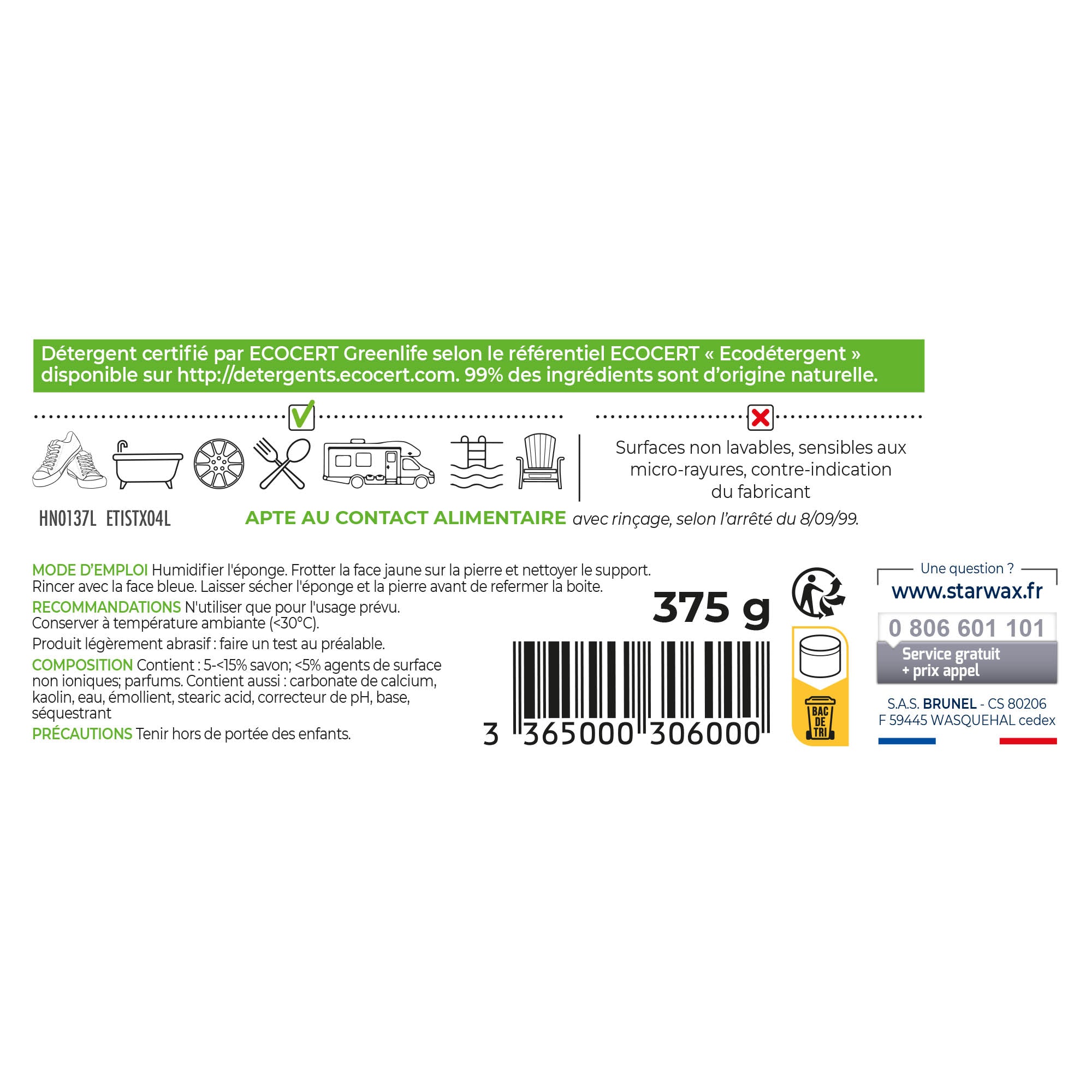 STARWAX SOLUVERT - Pierre blanche de nettoyage multi-surfaces 375g