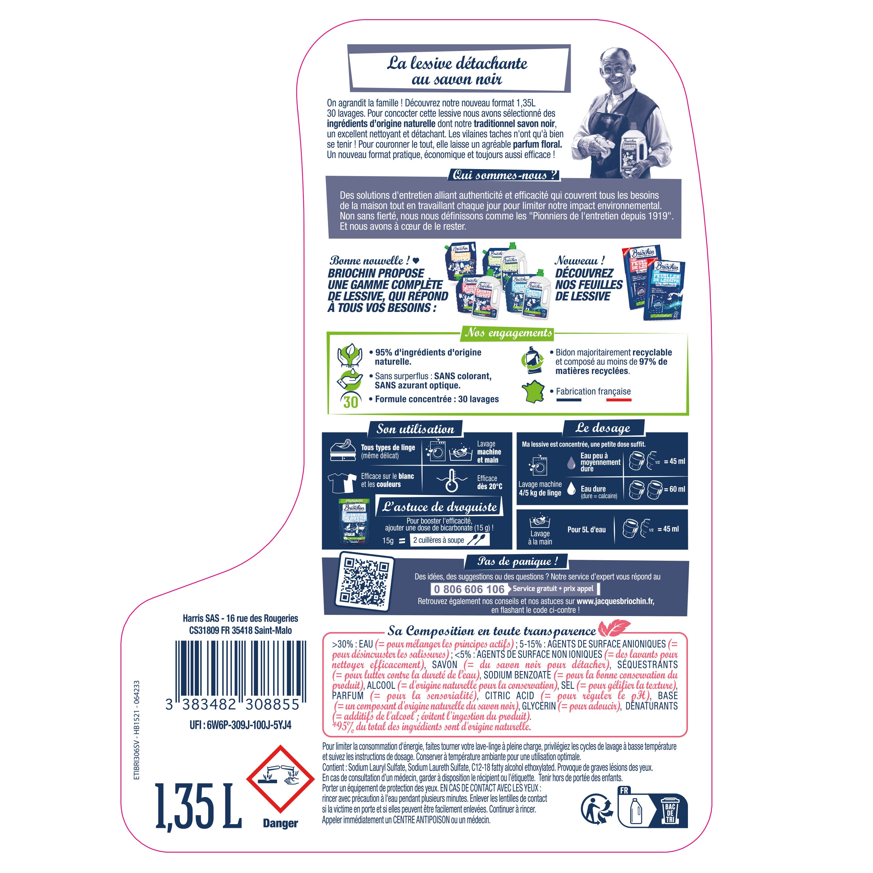 JACQUES BRIOCHIN - La Lessive détachante au Savon noir parfum Bouquet floral 1,35L Parfum Bouquet floral