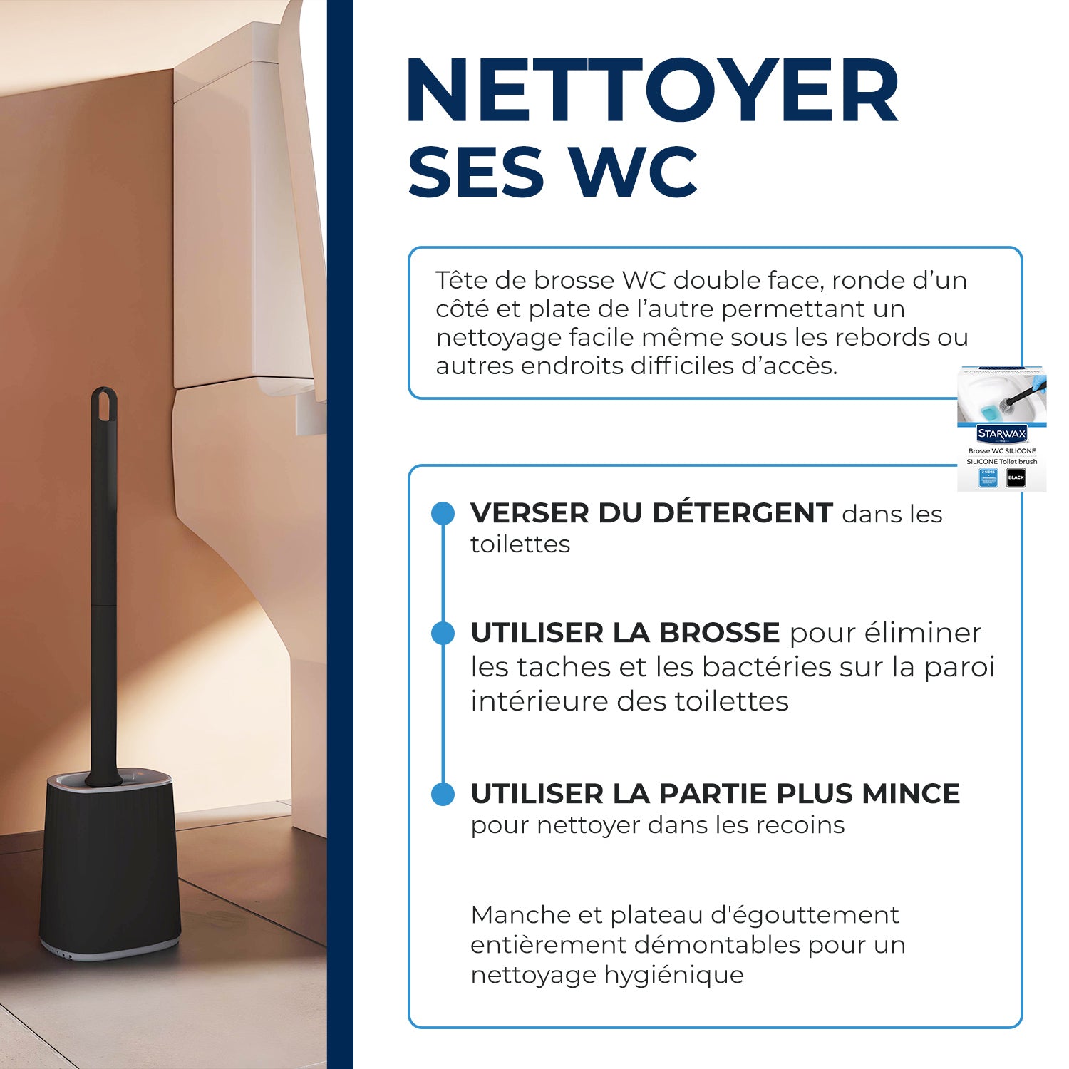 STARWAX - Brosse WC silicone avec support mural X1 Blanche