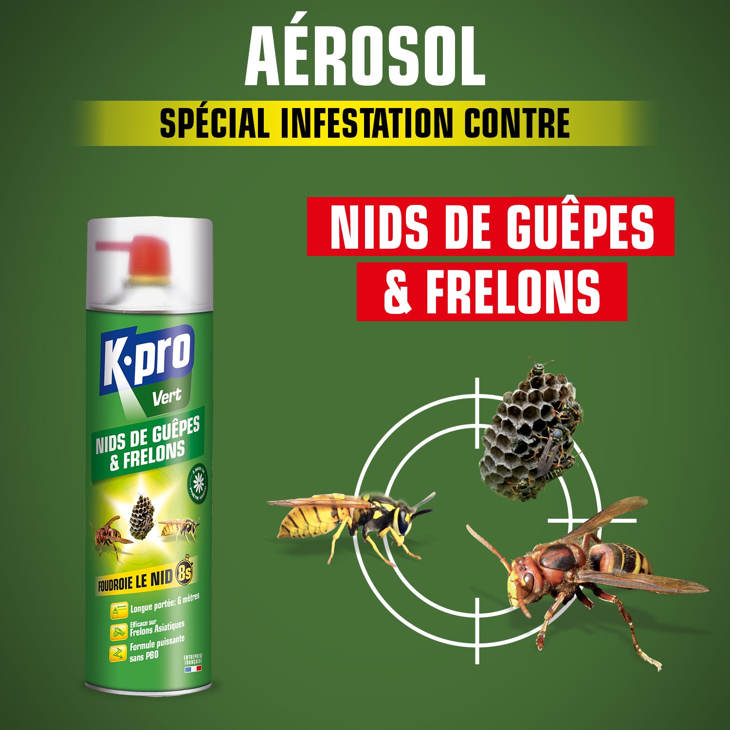 K.PRO - Aérosol foudroyant nids de guêpes et frelons 500ml