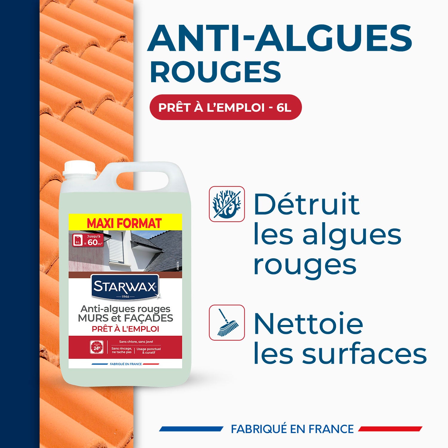 STARWAX - Traitement anti-algues rouges prêt à l'emploi pour murs et façades 6L