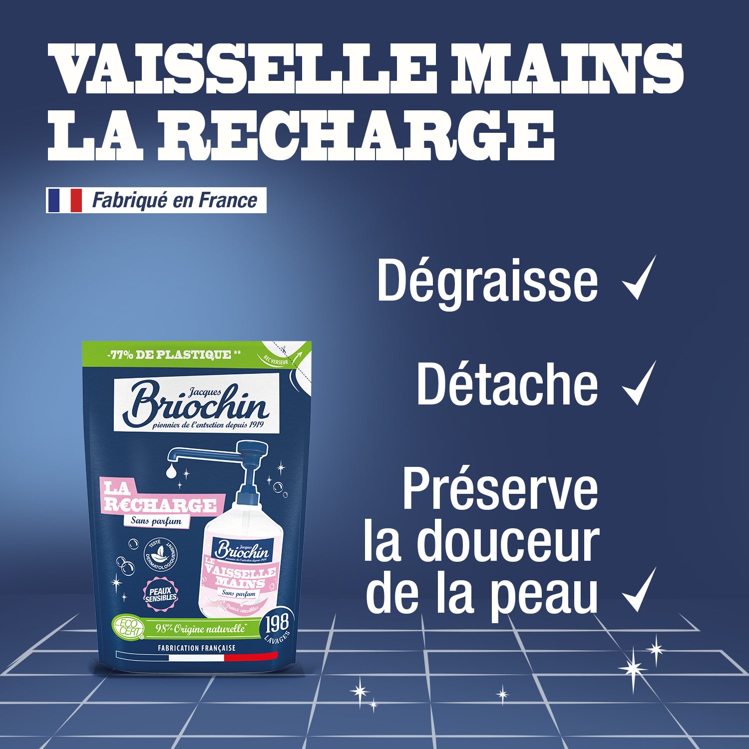 JACQUES BRIOCHIN - Recharge Liquide Vaisselle Mains Savon de Marseille spécial peaux sensibles 450ml Sans parfum