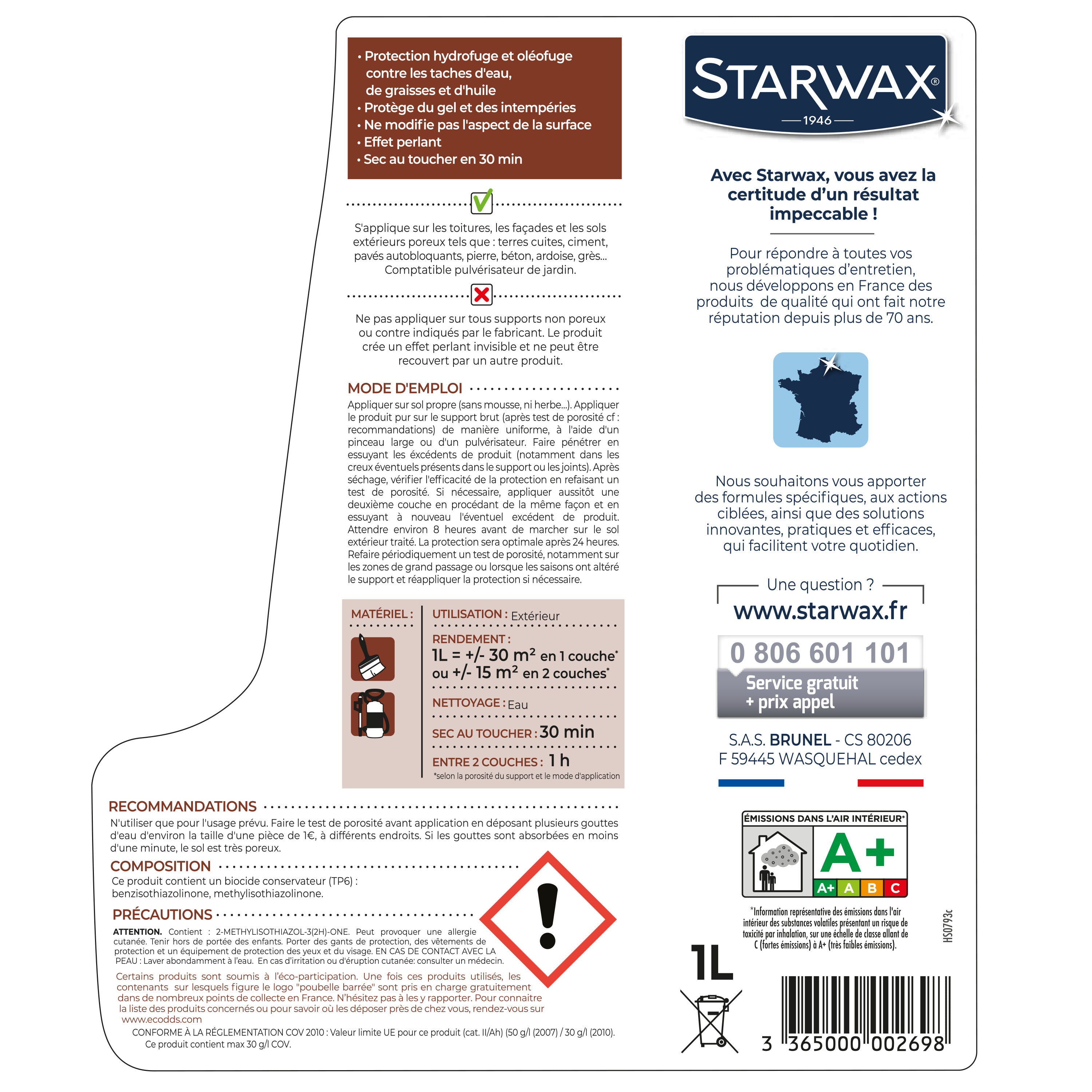 STARWAX - Imperméabilisant eau et graisses pour toitures, murs et sols extérieurs 1L