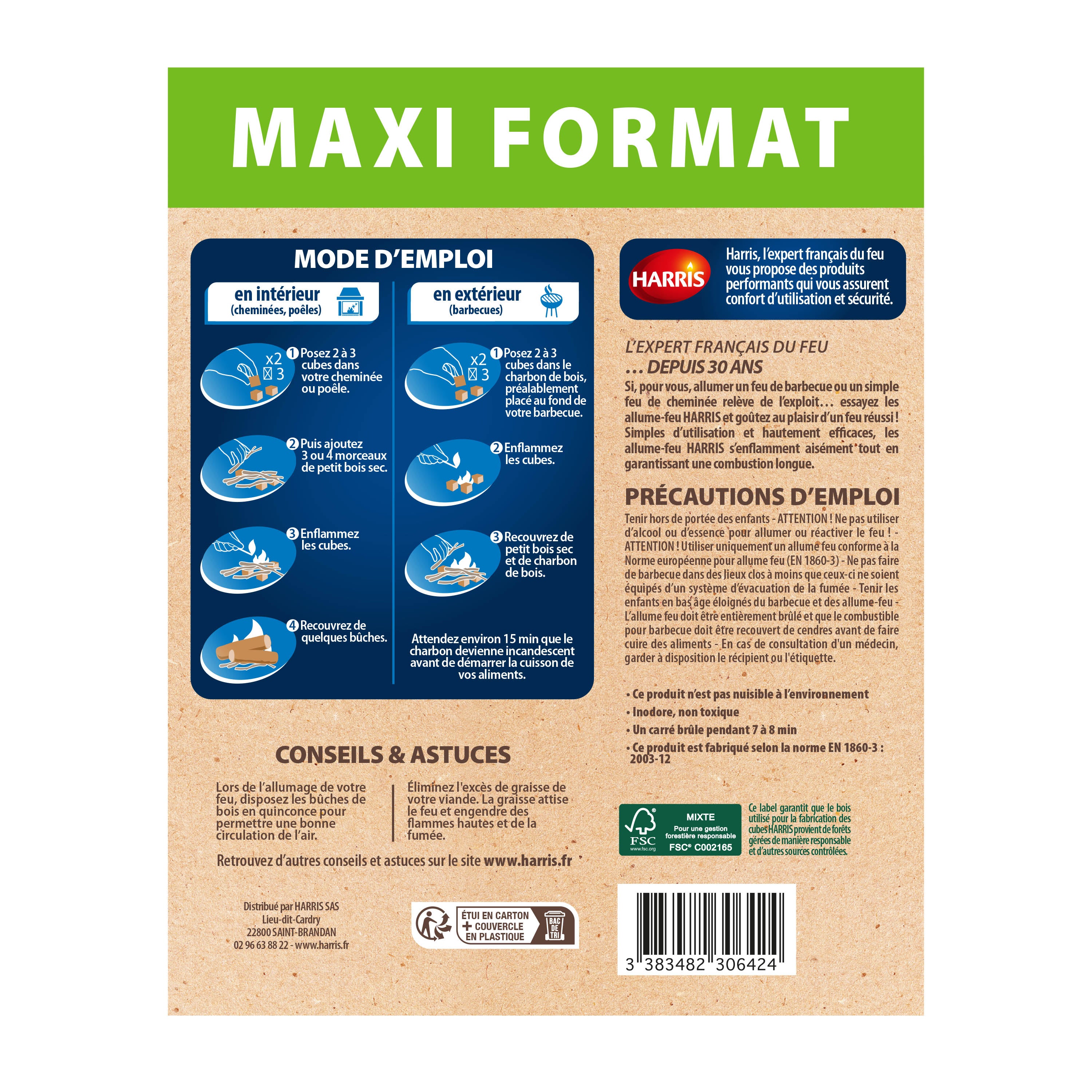 HARRIS - Cylindre 96 cubes allume feu 100% végétal FSC® x96