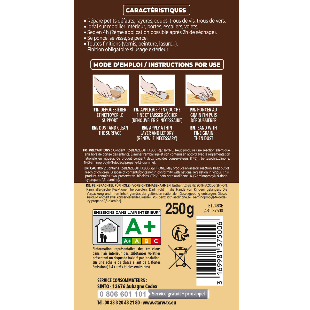 SINTO - Rebouche imperfections -  Pâte à bois naturel 80g Blanc