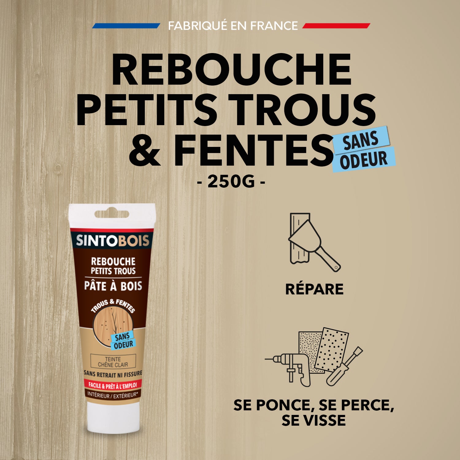 SINTO - Rebouche imperfections -  Pâte à bois naturel 80g Blanc