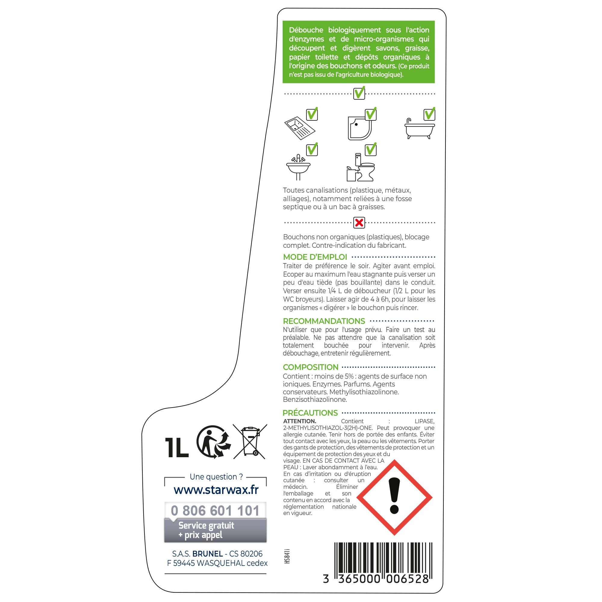 STARWAX - Déboucheur biologique pour canalisations 1L