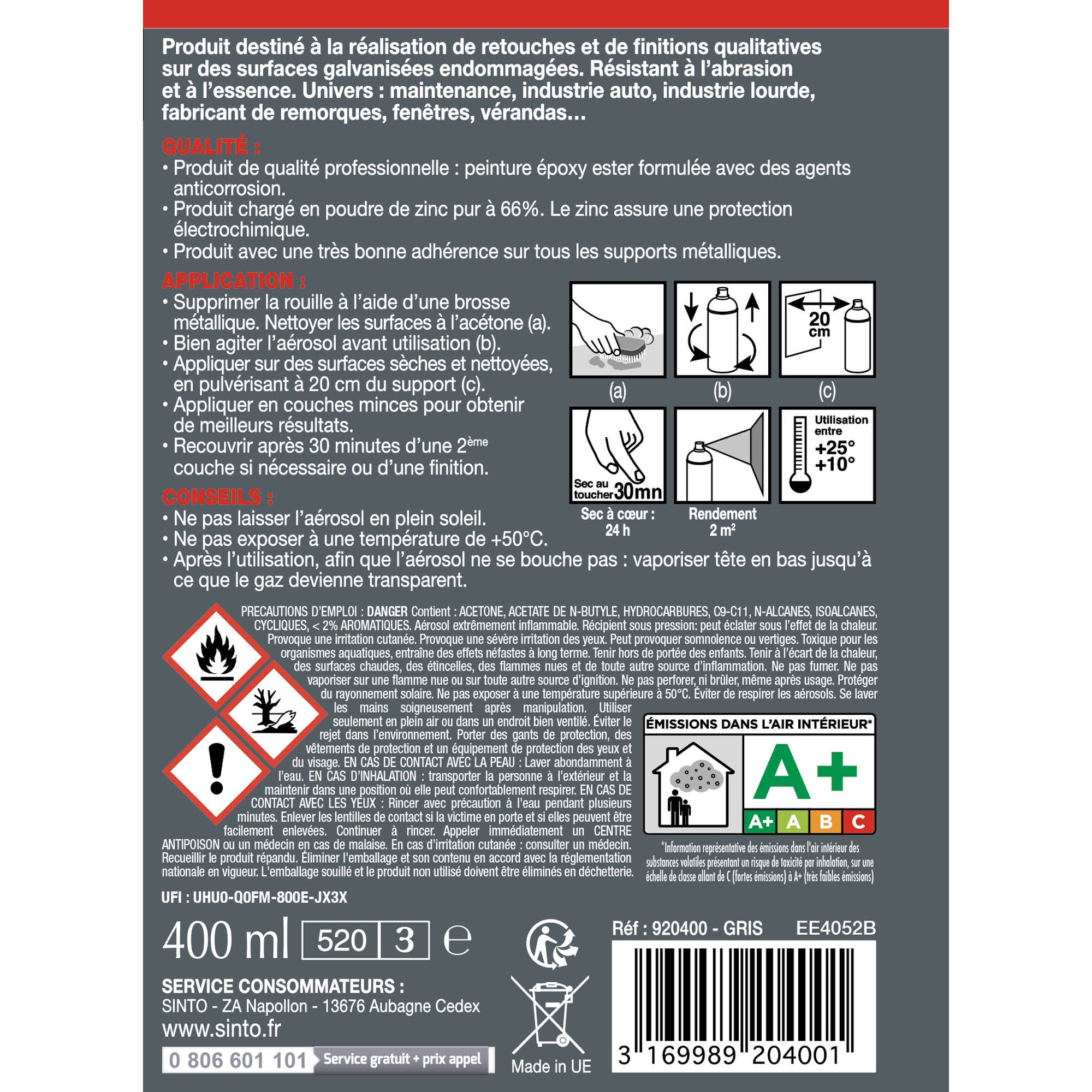 SINTO - Aérosol galva zinc 400ml Brillant