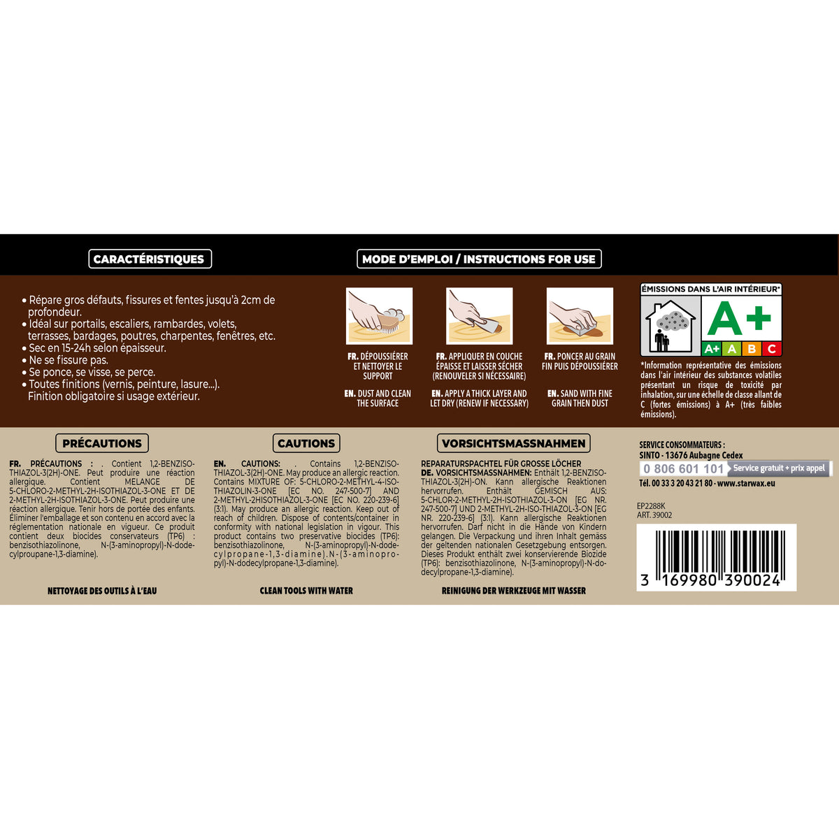 SINTO - Reboucher gros trous et fissures dans le bois clair 330g Bois clair